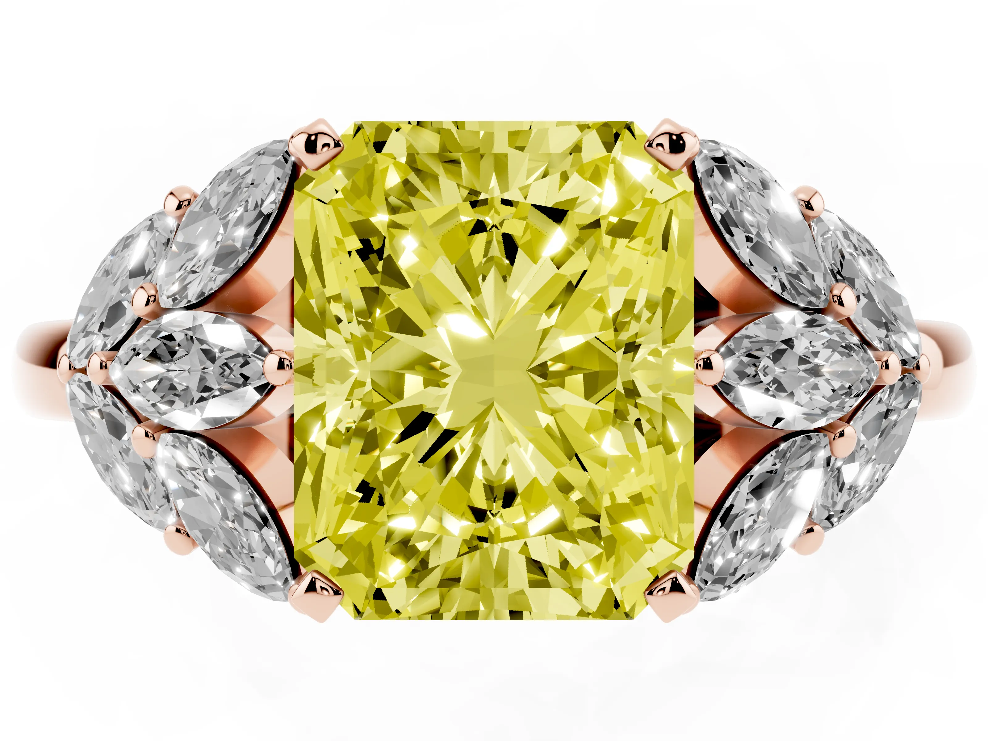 Fancy Yellow Radiant Cut Diamond Cluster Leaf Design Ring Set in Rose gold with Prong Setting