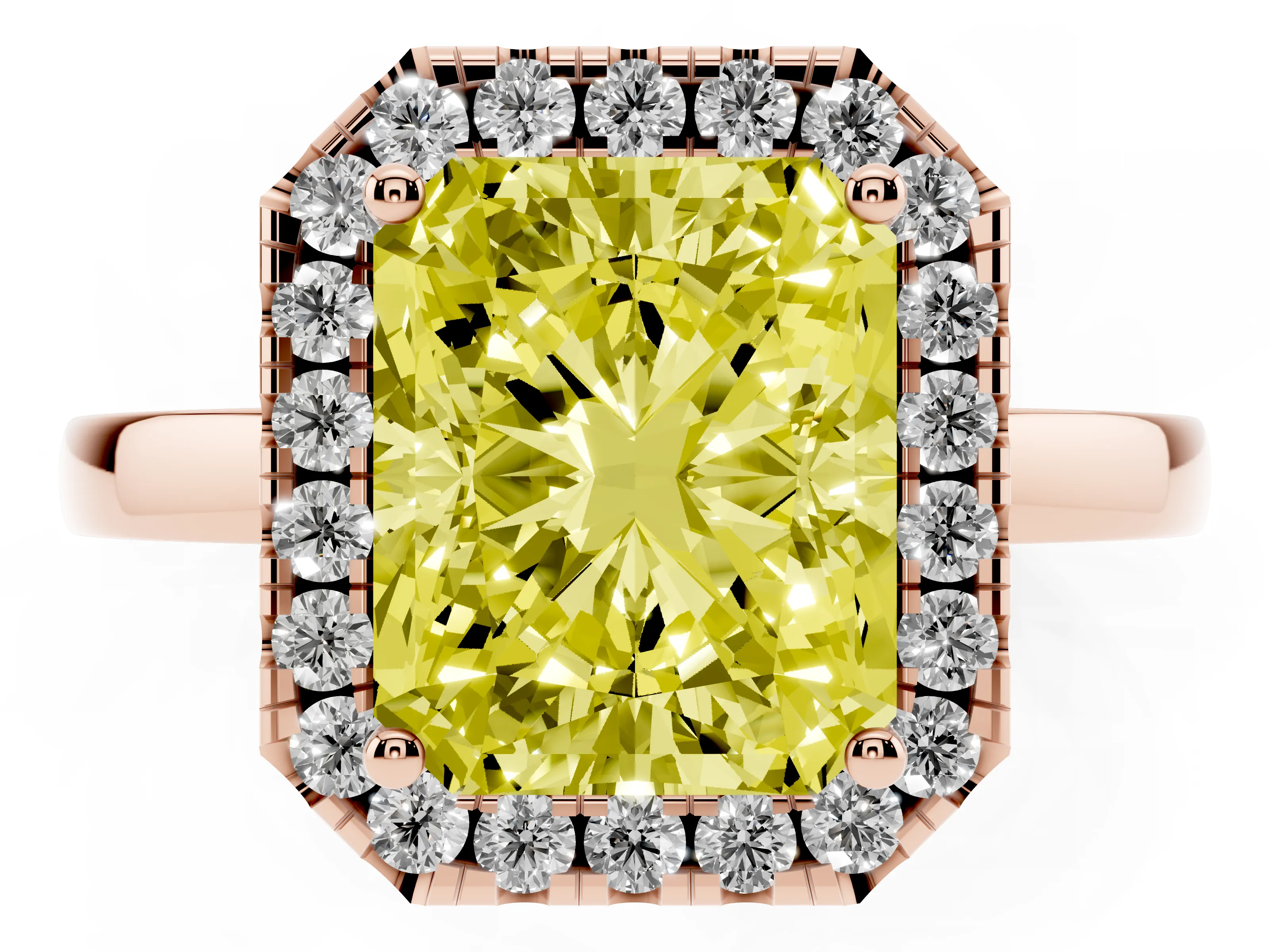 Fancy Yellow Radiant Cut Diamond Halo Solitaire Ring Set in Rose gold with Pavé Band and Prong Setting