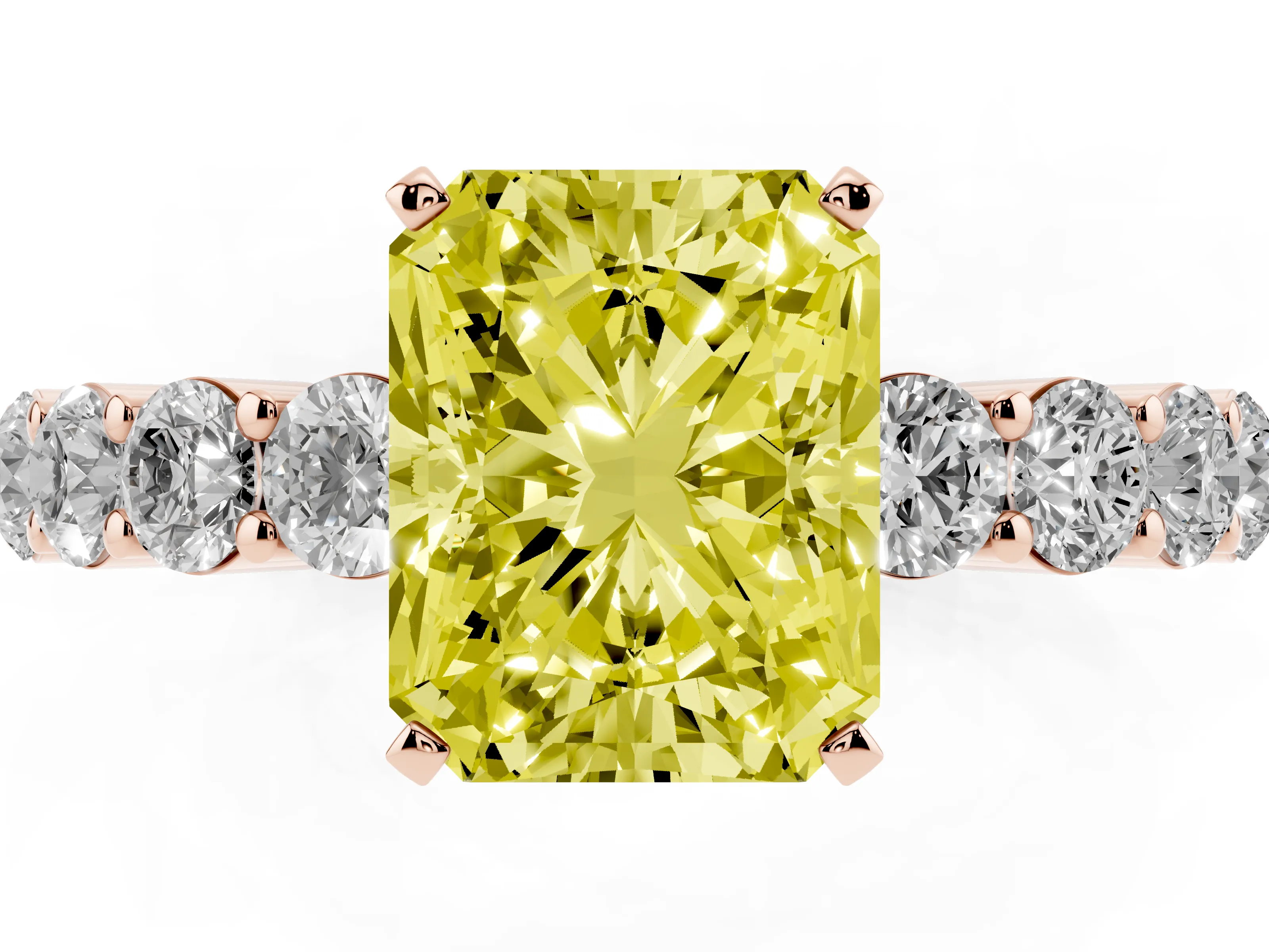 Fancy Yellow Radiant Cut Diamond Solitaire Ring Set in Rose gold with Shared Prong Round Side Stones