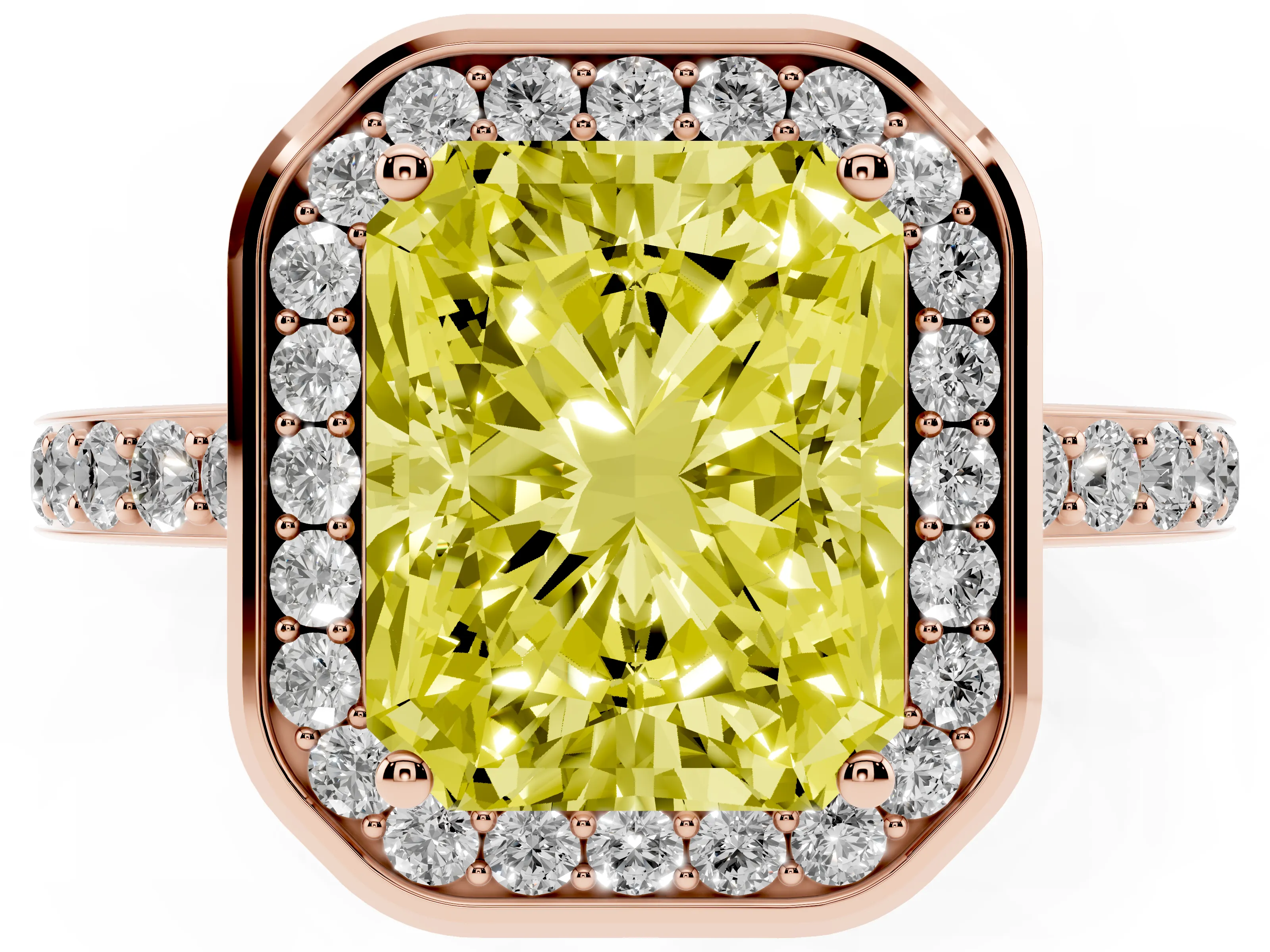 Fancy Yellow Radiant Cut Diamond Halo Ring Set in Rose gold with Bezel Frame and Pavé Band