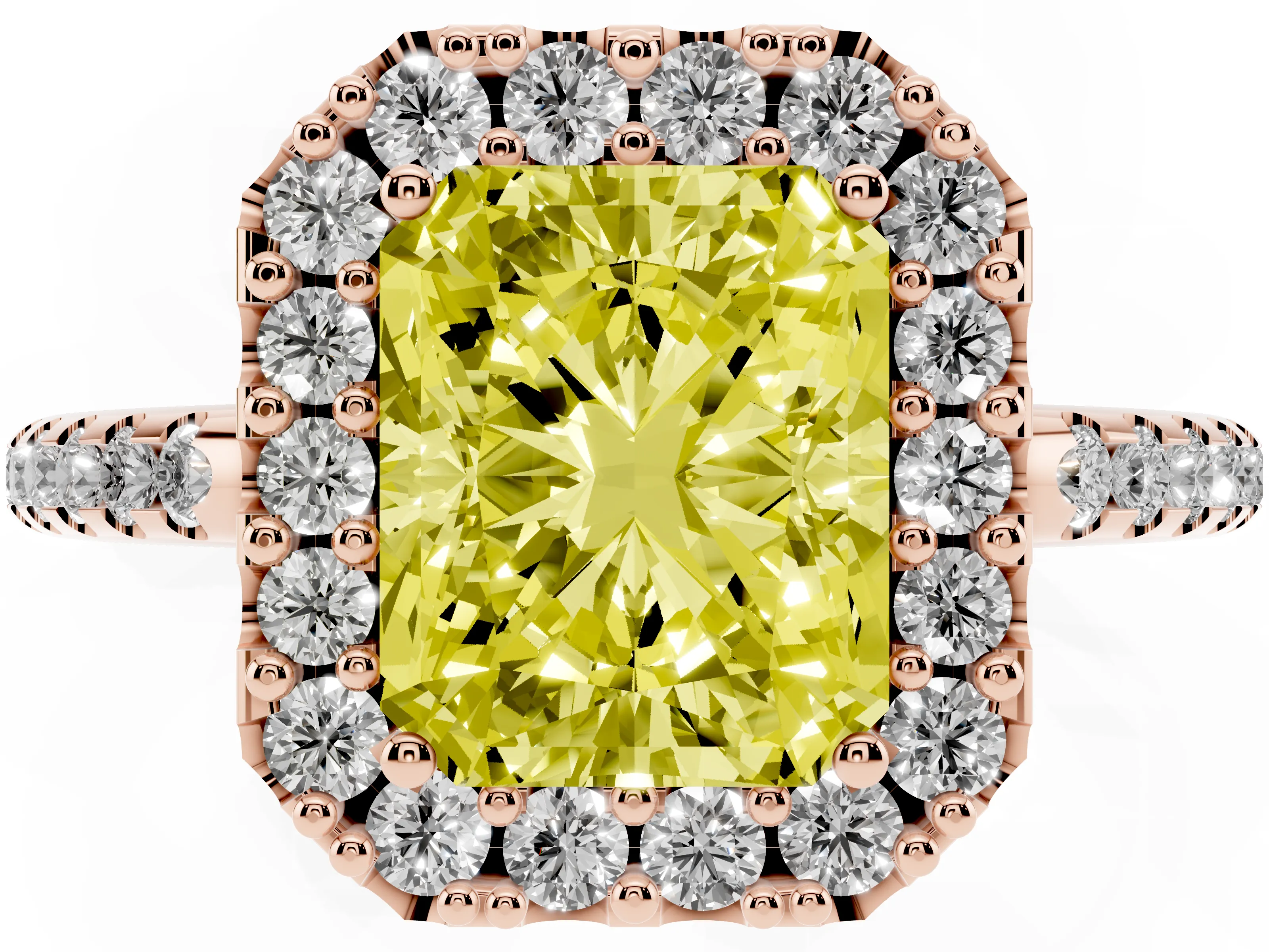 Fancy Yellow Radiant Cut Diamond Pavé Halo Ring Set in Rose gold with Prong Setting