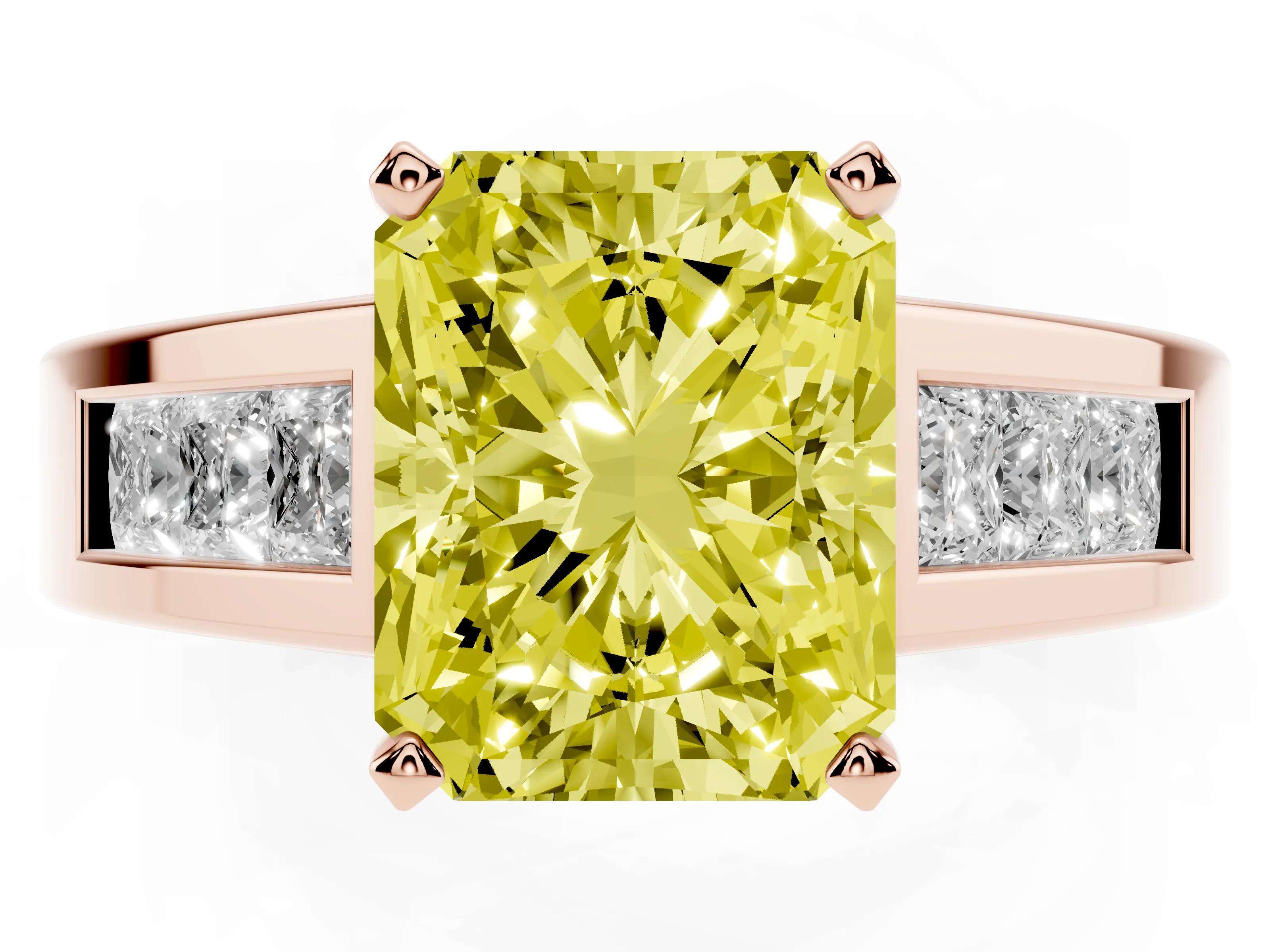 Fancy Yellow Radiant Cut Diamond Solitaire Ring Set in Rose gold with Channel-Set Accent Stones and Prong Setting