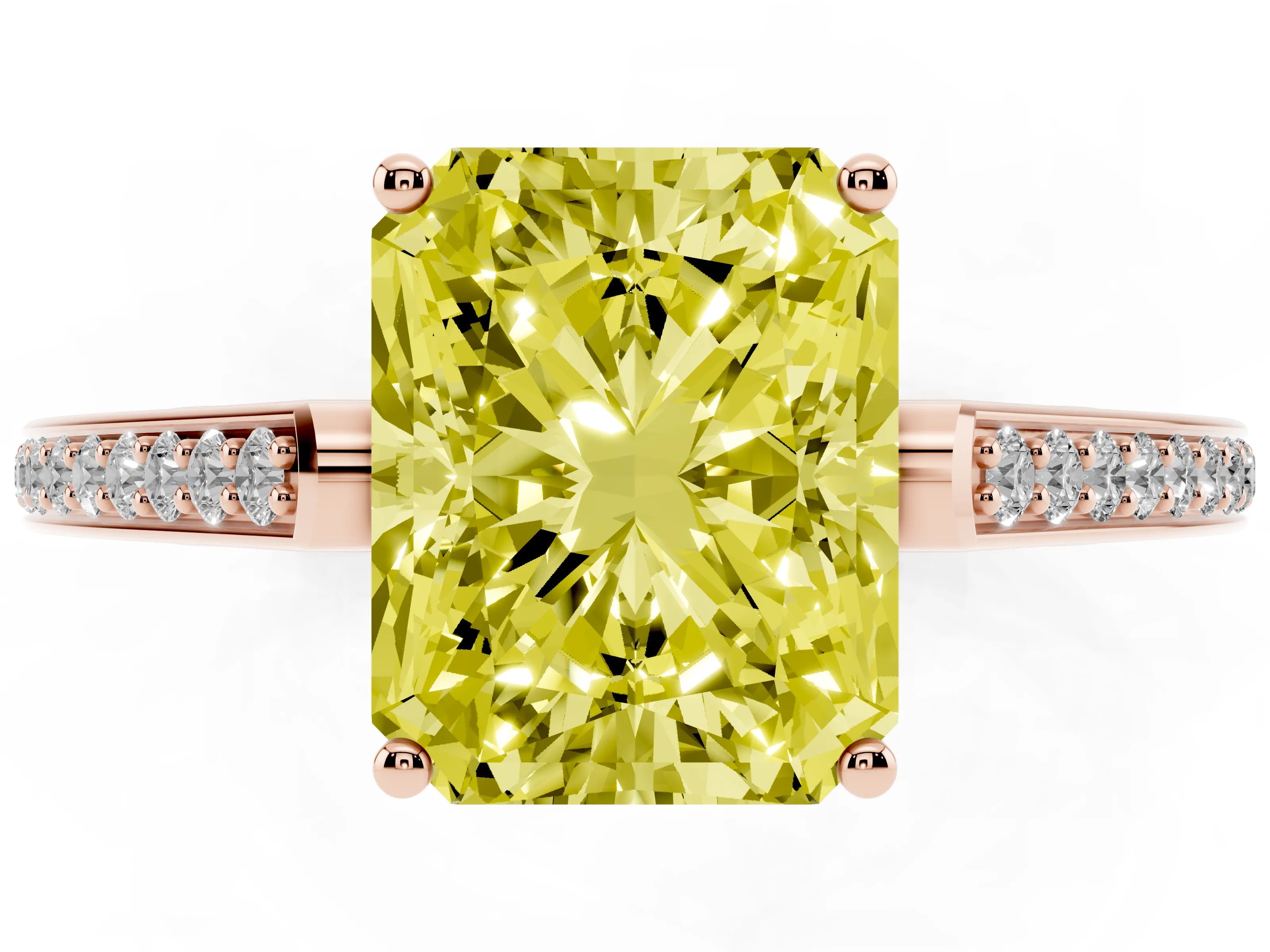 Fancy Yellow Radiant Cut Diamond Cathedral Pavé Engagement Ring Set in Rose gold with Prong Setting