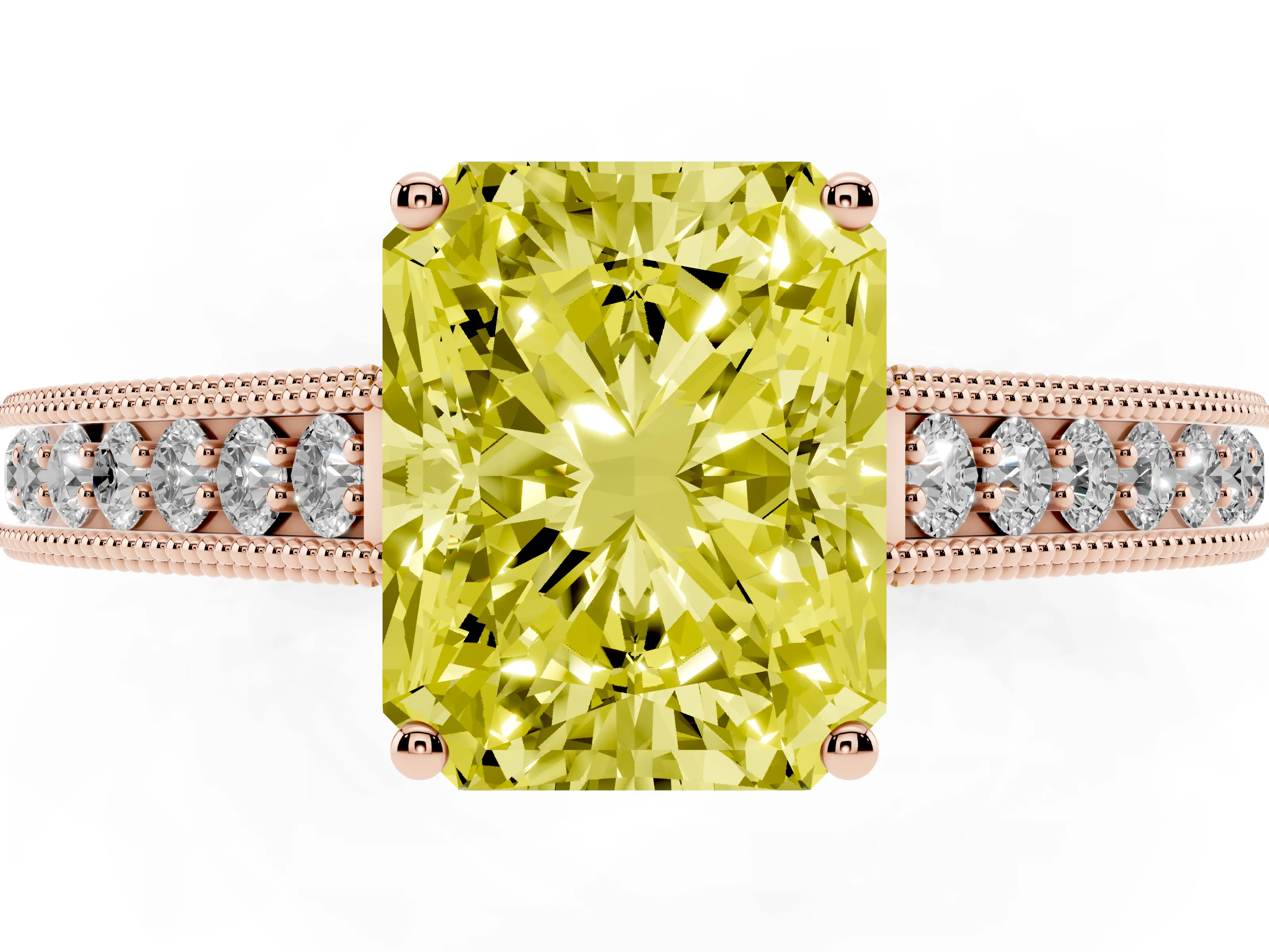 Fancy Yellow Radiant Cut Diamond Milgrain Pavé Band Solitaire Ring Set in Rose gold with Prong Setting