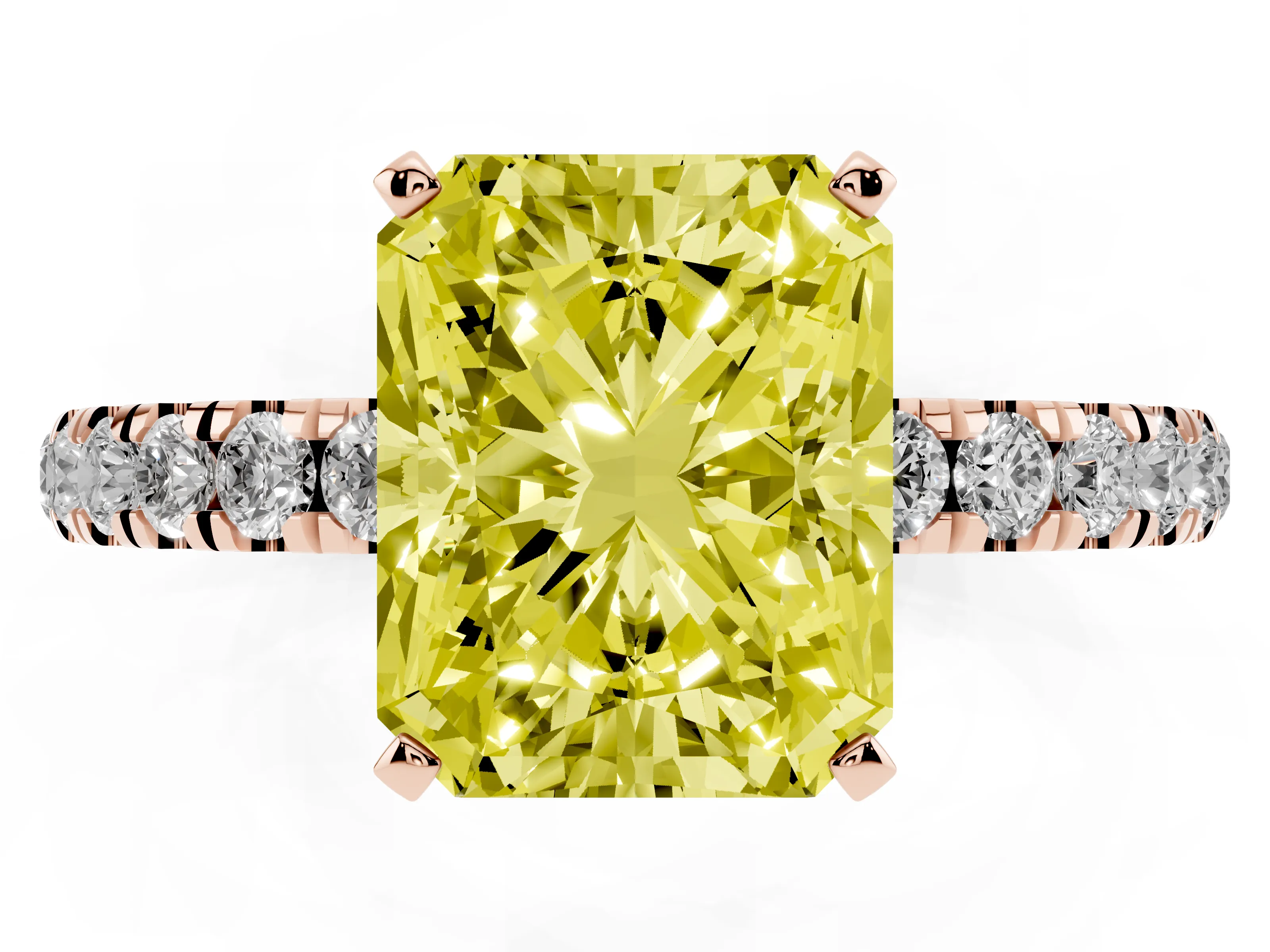 Fancy Yellow Radiant Cut Diamond Solitaire Ring Set in Rose gold with Pavé Accents and Prong Setting