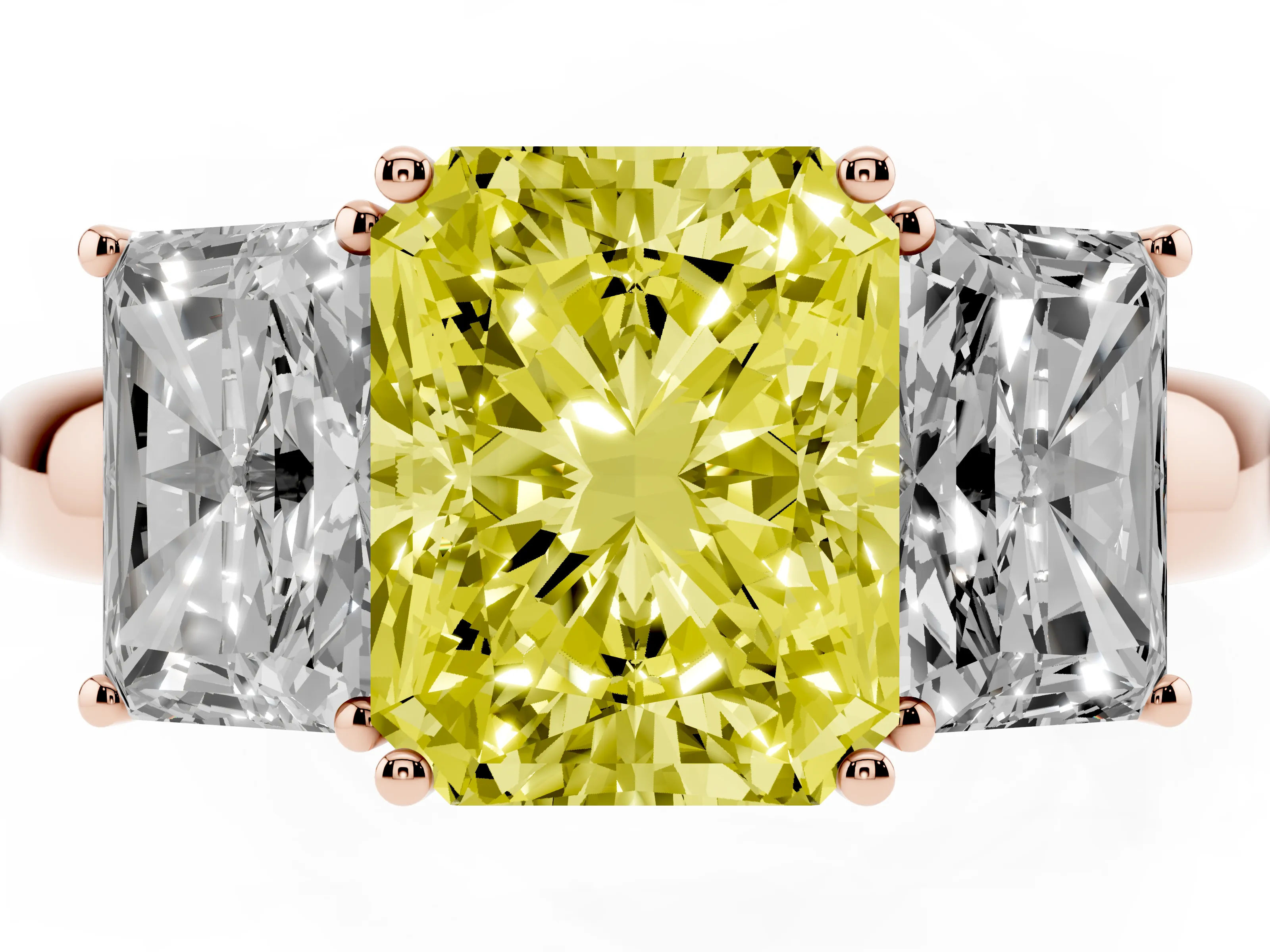 Fancy Yellow Radiant Cut Diamond Three-Stone Ring Set in Rose gold with Bold Center and Classic Band