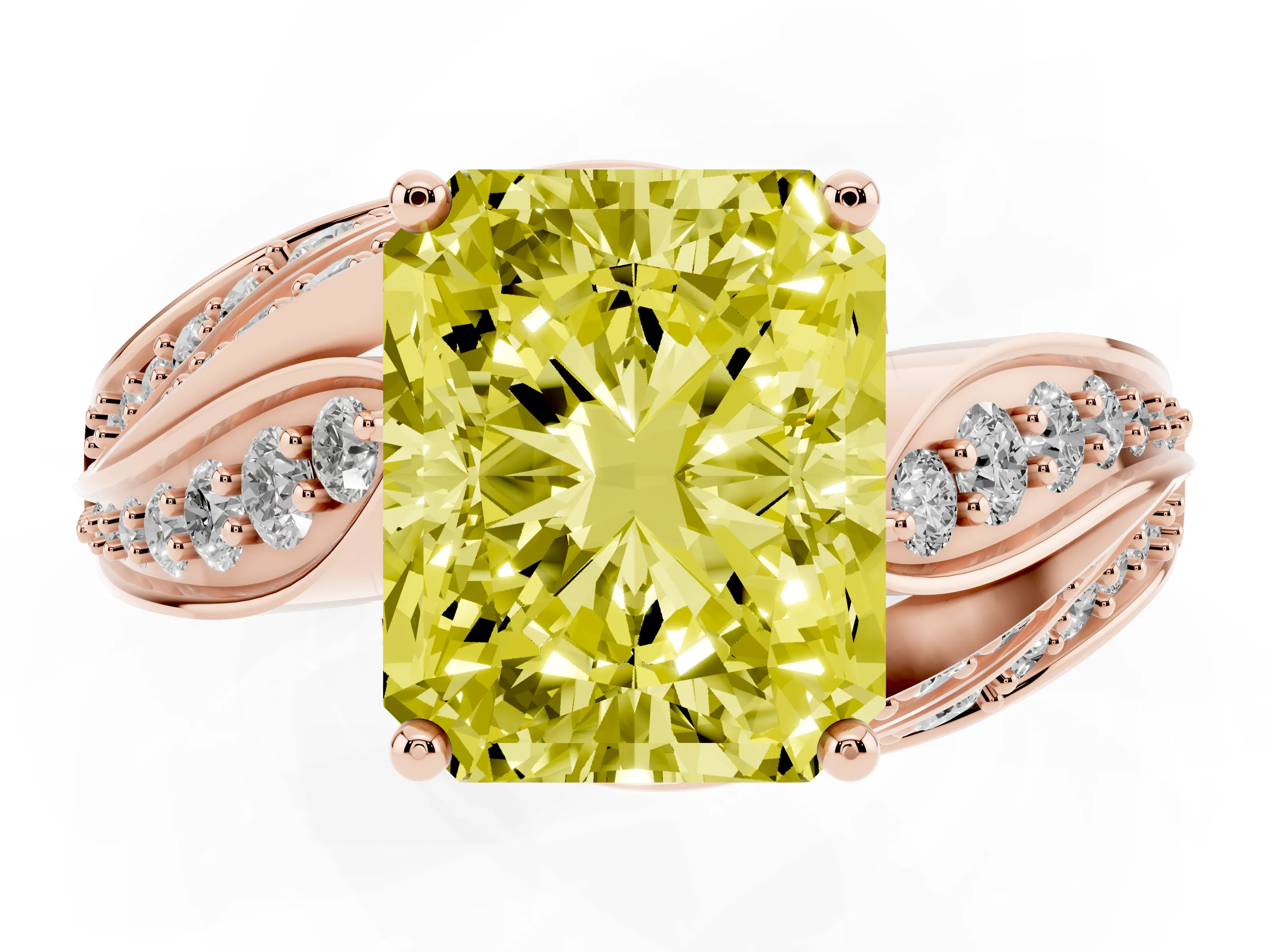 Fancy Yellow Radiant Cut Diamond Solitaire Ring Set in Rose gold with Layered Twist Pavé Band