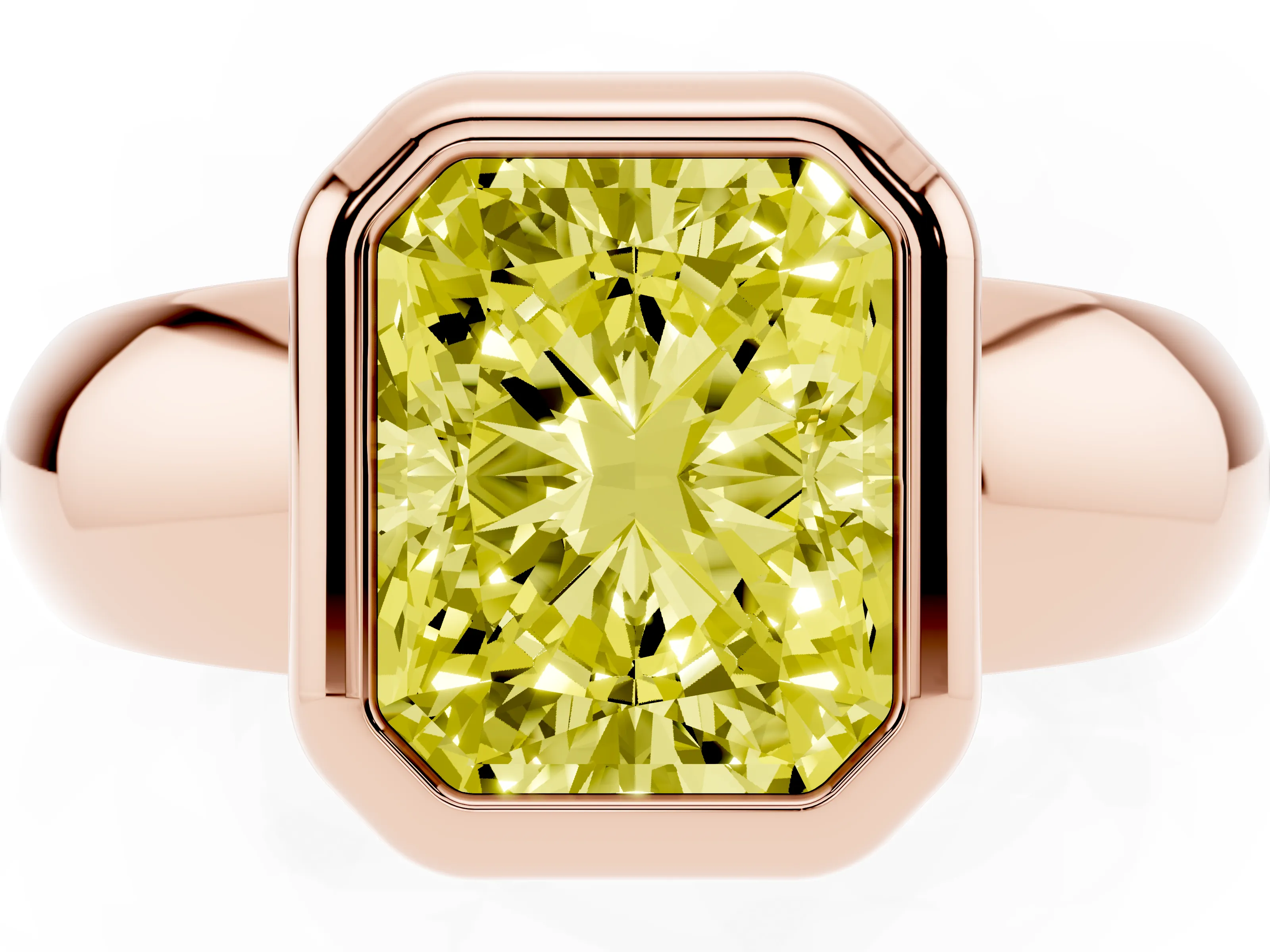 Fancy Yellow Bezel Set Radiant Cut Diamond Solitaire Ring Set in Rose gold with Wide Band