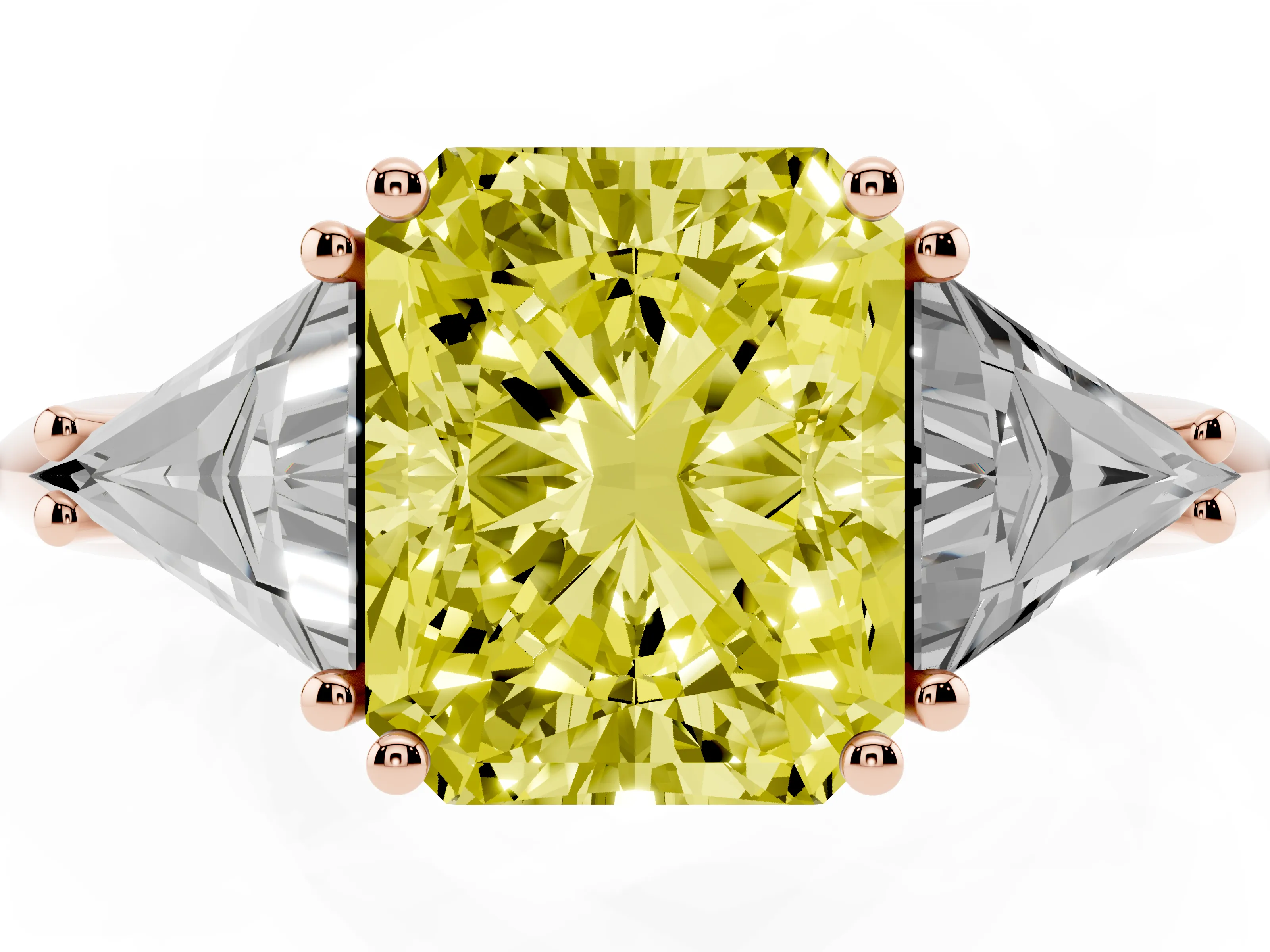 Fancy Yellow Radiant Cut Diamond Three-Stone Engagement Ring Set in Rose gold with Trillion Side Stones