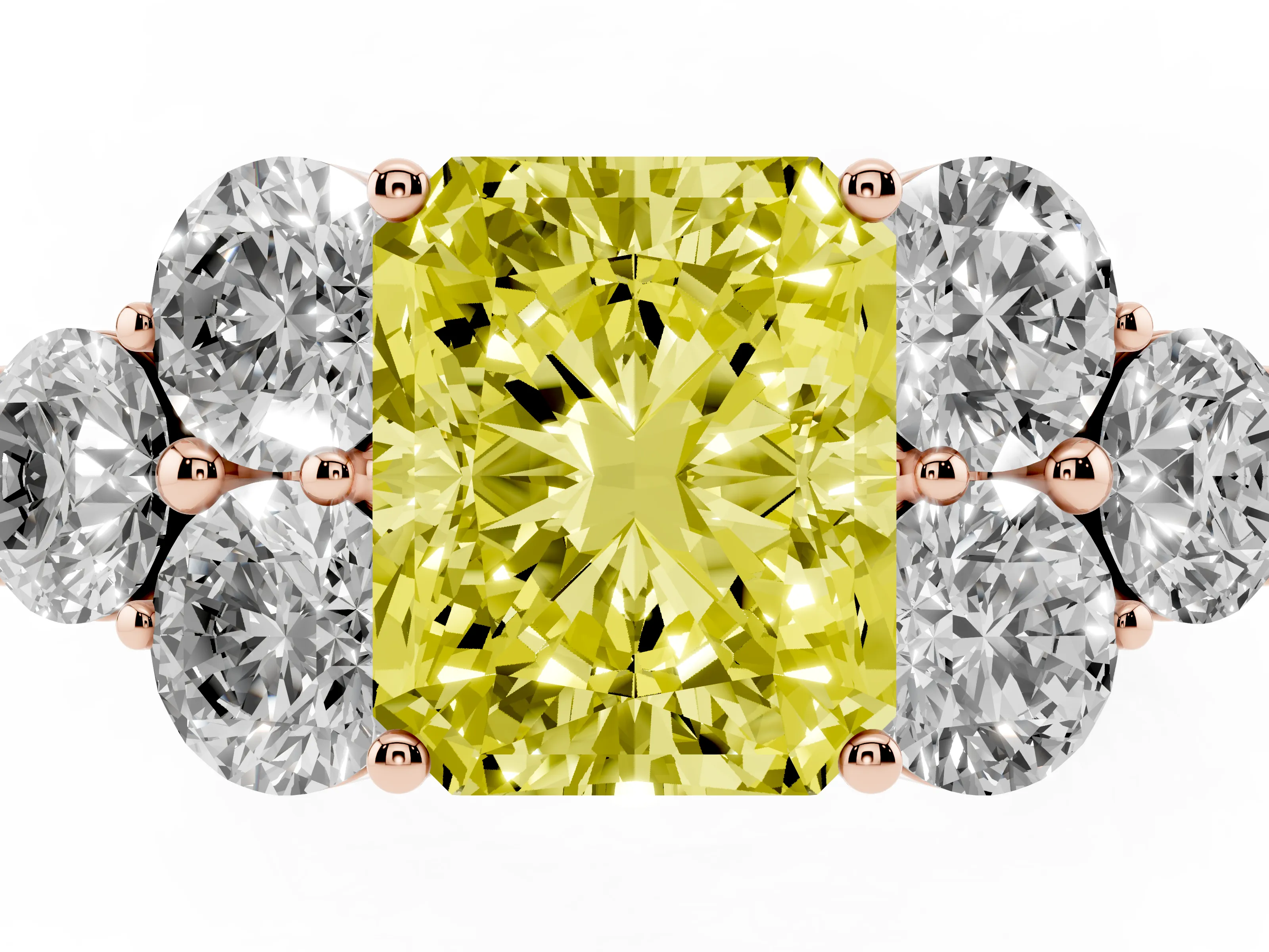 Fancy Yellow Radiant Cut Diamond Cluster Ring Set in Rose gold with Round Accent Stones and Prong Setting on a Plain Band