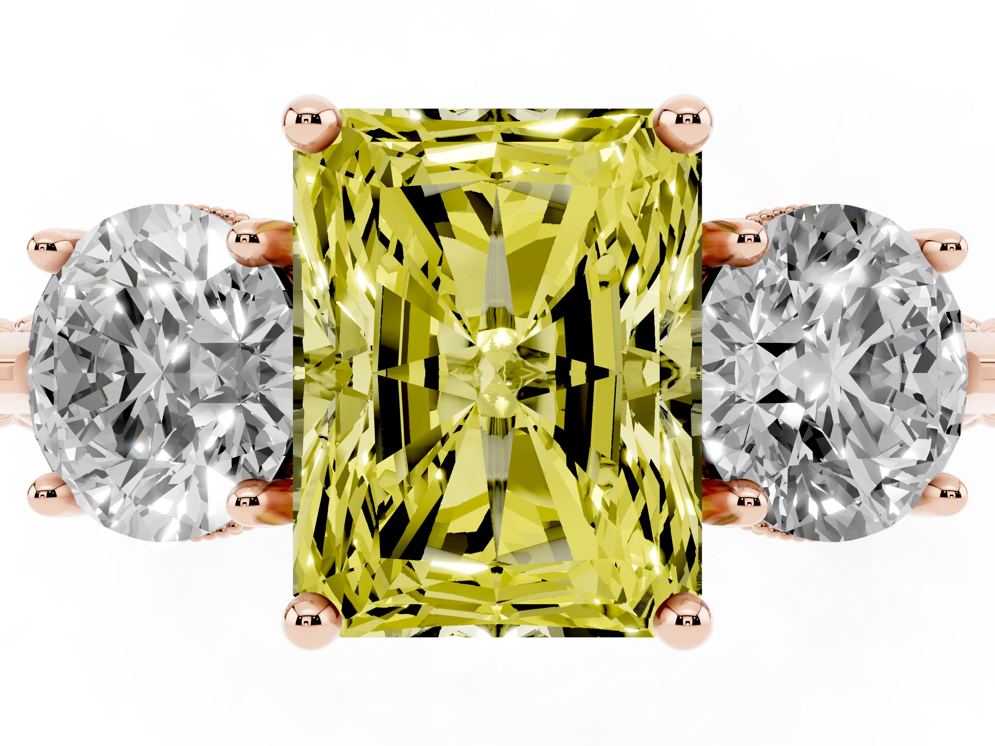 Fancy Yellow Radiant Cut Diamond Three-Stone Ring Set in Rose gold with Milgrain Band