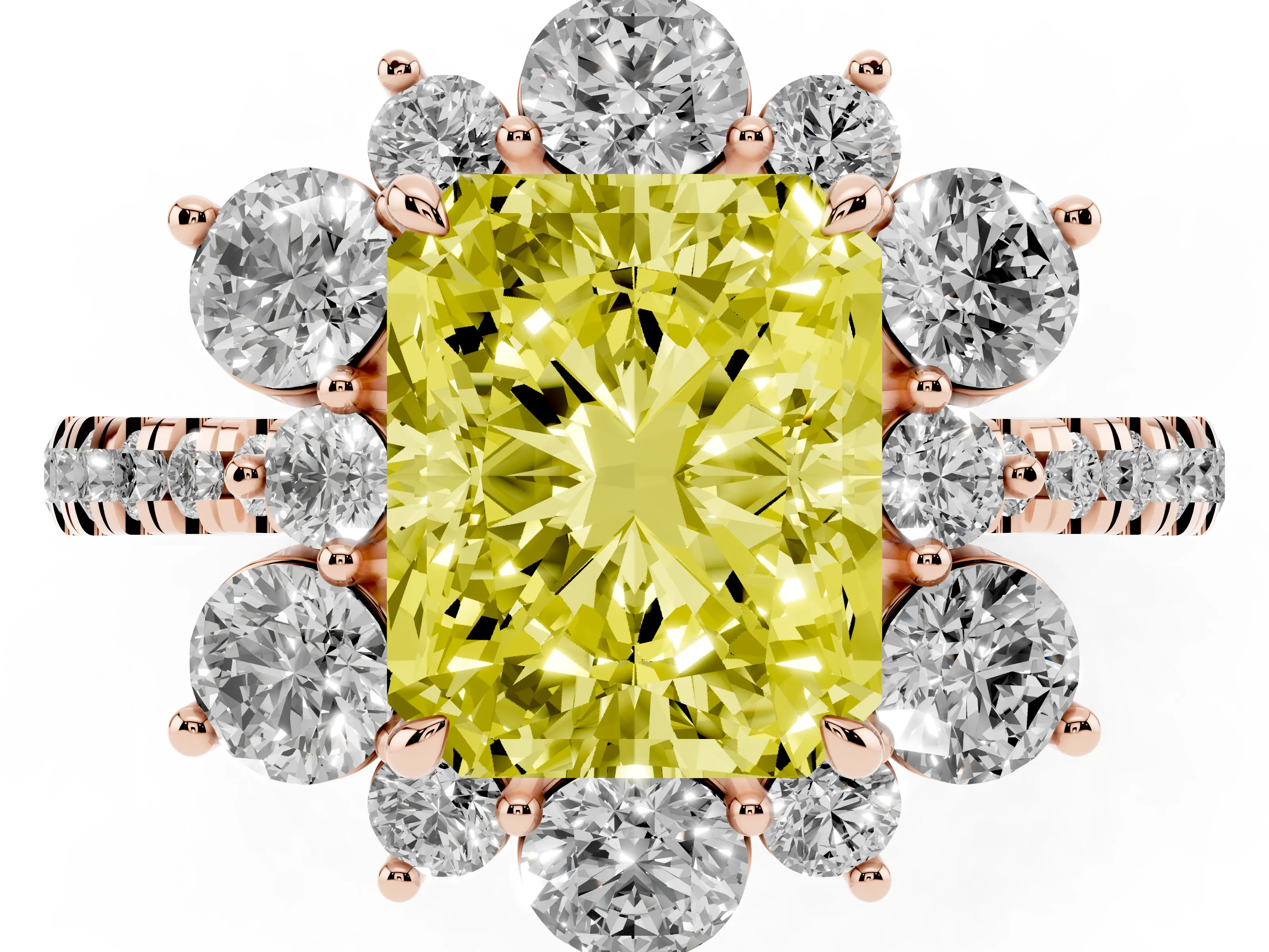 Fancy Yellow Radiant Cut Diamond Floral Halo Ring Set in Rose gold with Round Pavé Band and Prong Setting