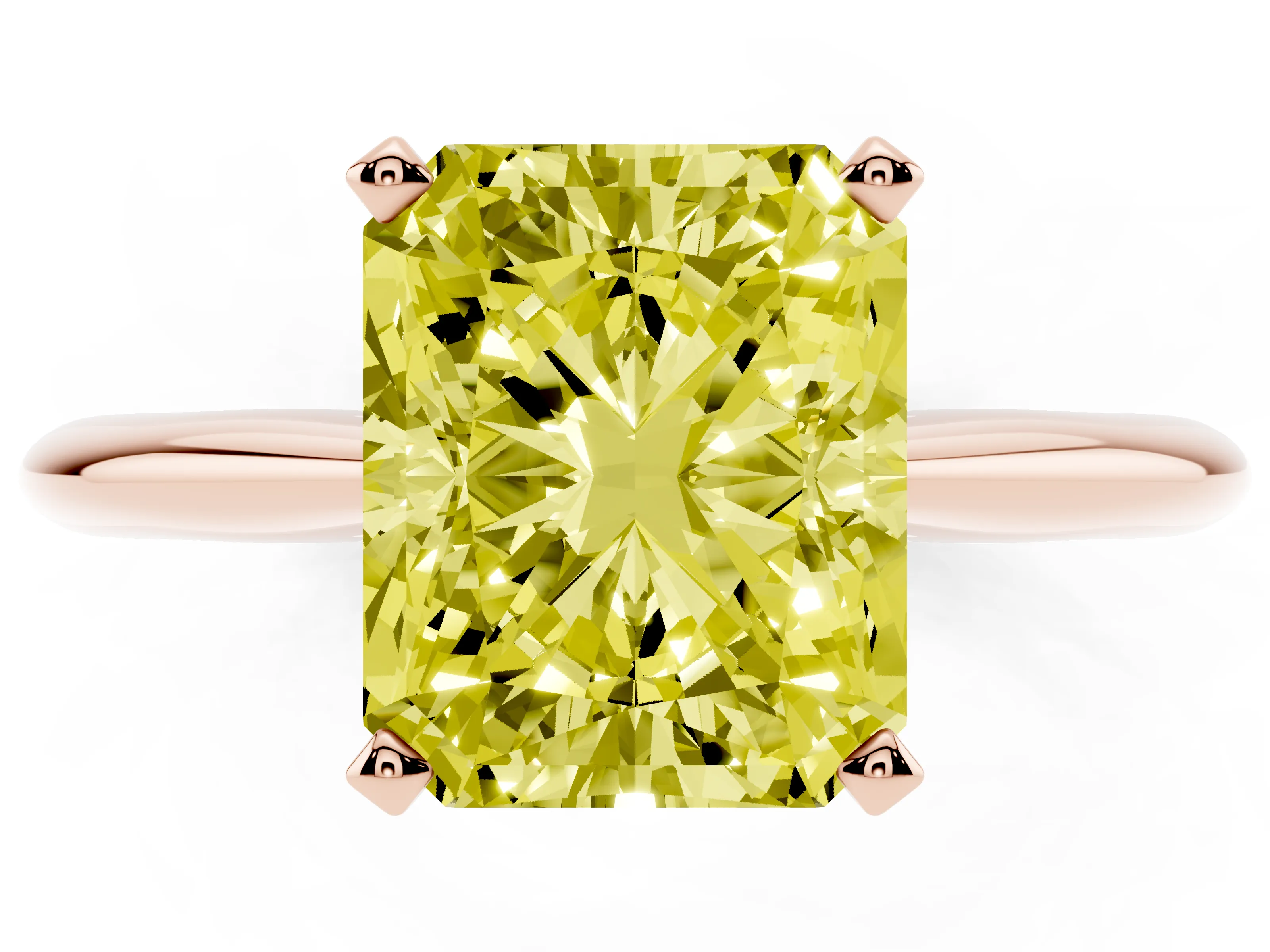 Fancy Yellow Radiant Cut Diamond Solitaire Ring Set in Rose gold with Prong Setting on a Plain Round Band