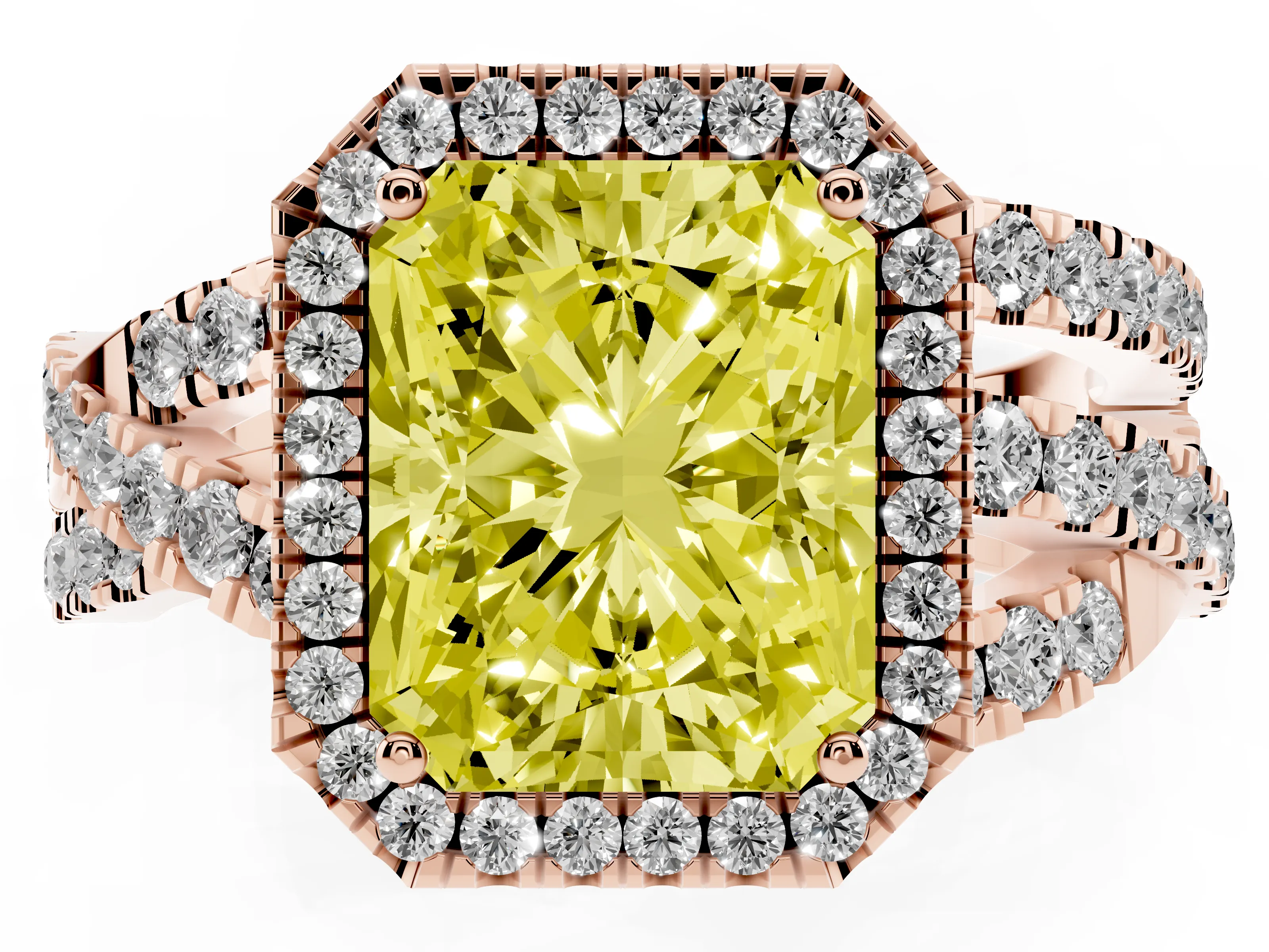 Fancy Yellow Radiant Cut Diamond Halo Ring Set in Rose gold with Round Crossover Split Shank and Prong Setting