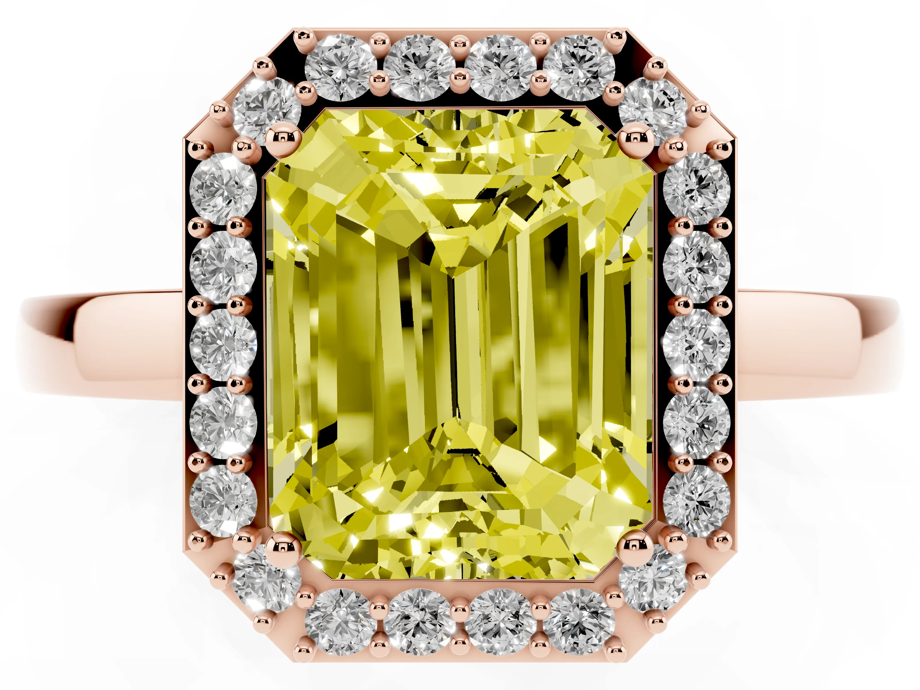 Fancy Yellow Radiant Cut Diamond Halo Ring Set in Rose gold with Solitaire Band and Prong Setting