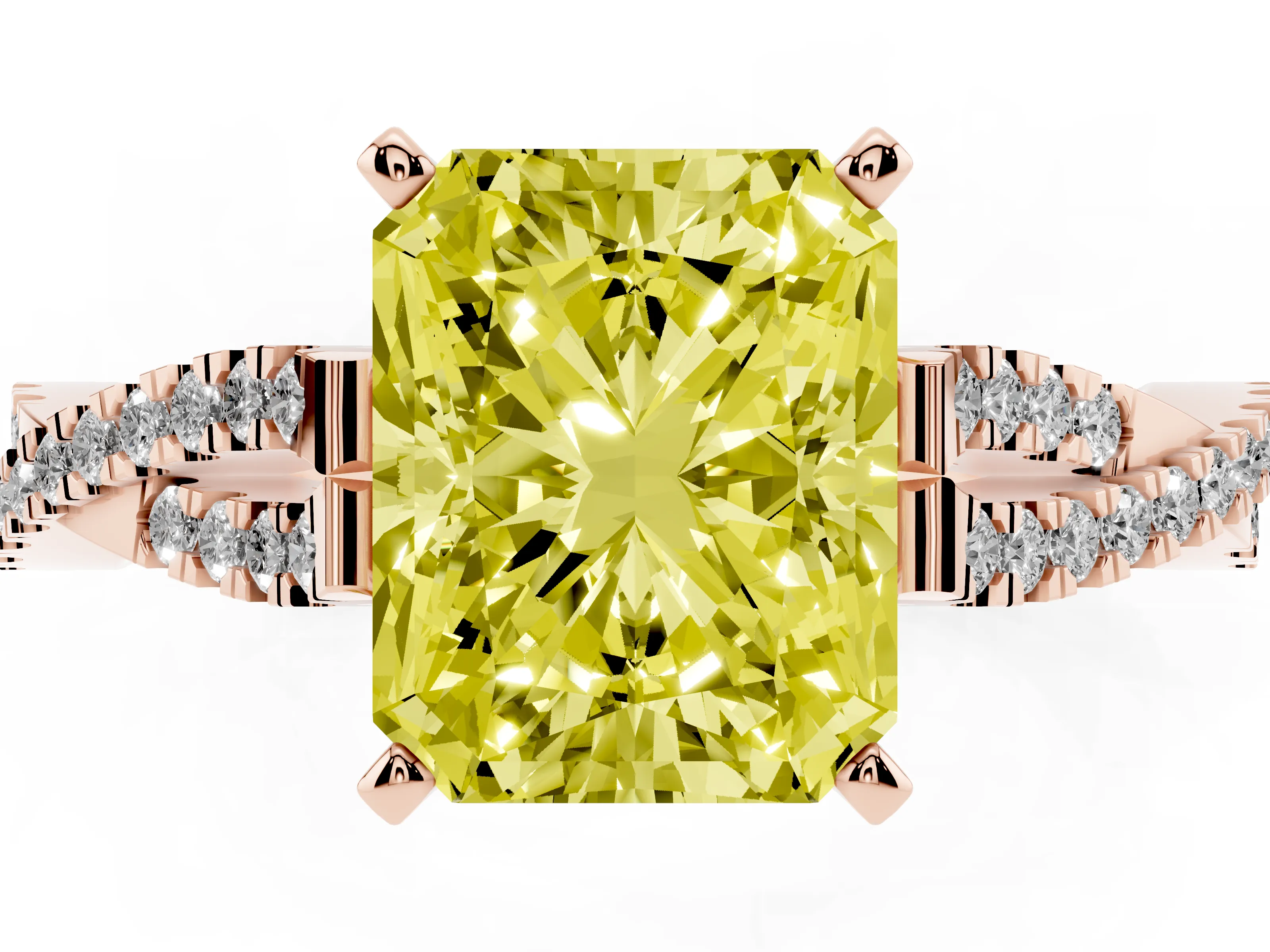 Fancy Yellow Radiant Cut Diamond Solitaire Engagement Ring Set in Rose gold with Twisted Pavé Band and Prong Setting