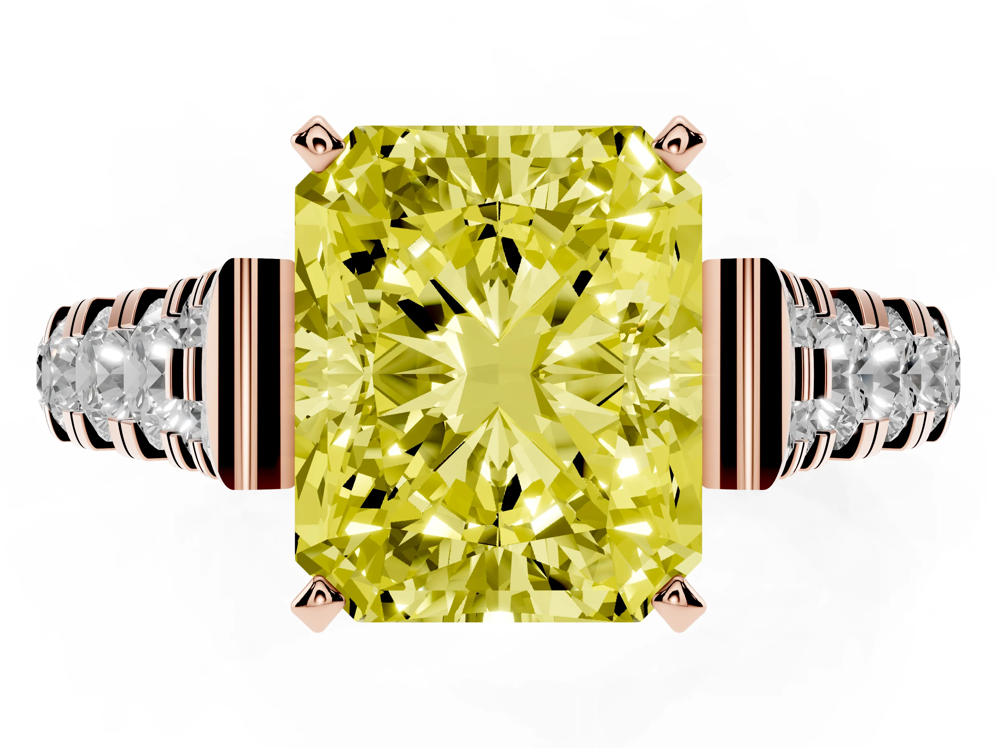Fancy Yellow Radiant Cut Diamond Classic Solitaire Ring Set in Rose gold with Pavé Band and Prong Setting