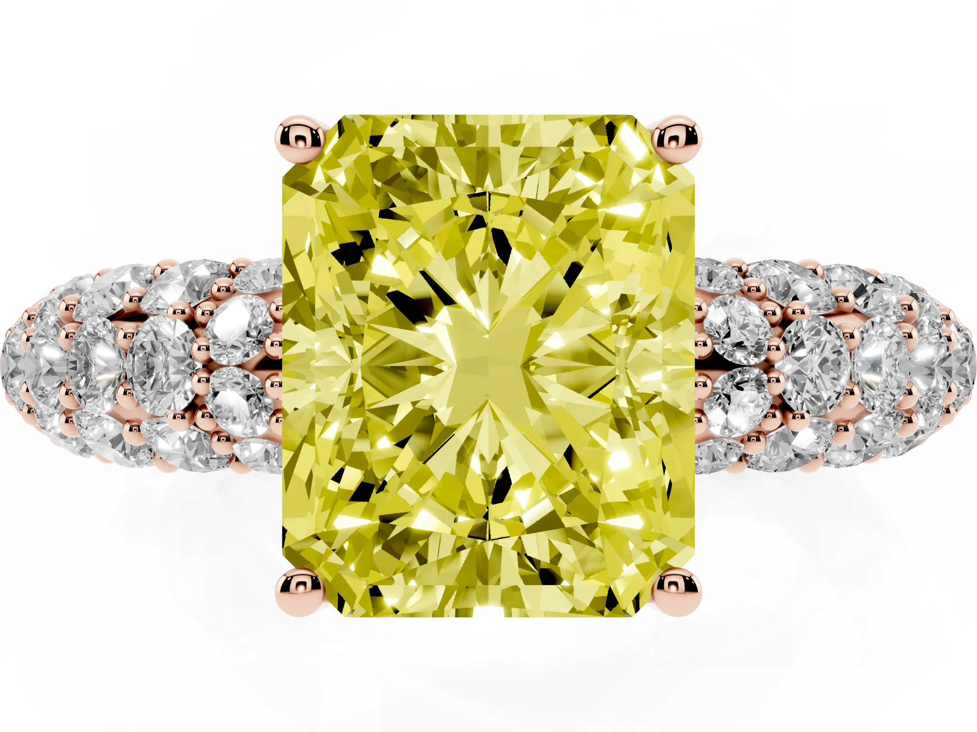 Fancy Yellow Radiant Cut Diamond Pavé Band Solitaire Ring Set in Rose gold with Close-Set Accent Stones and Prong Setting