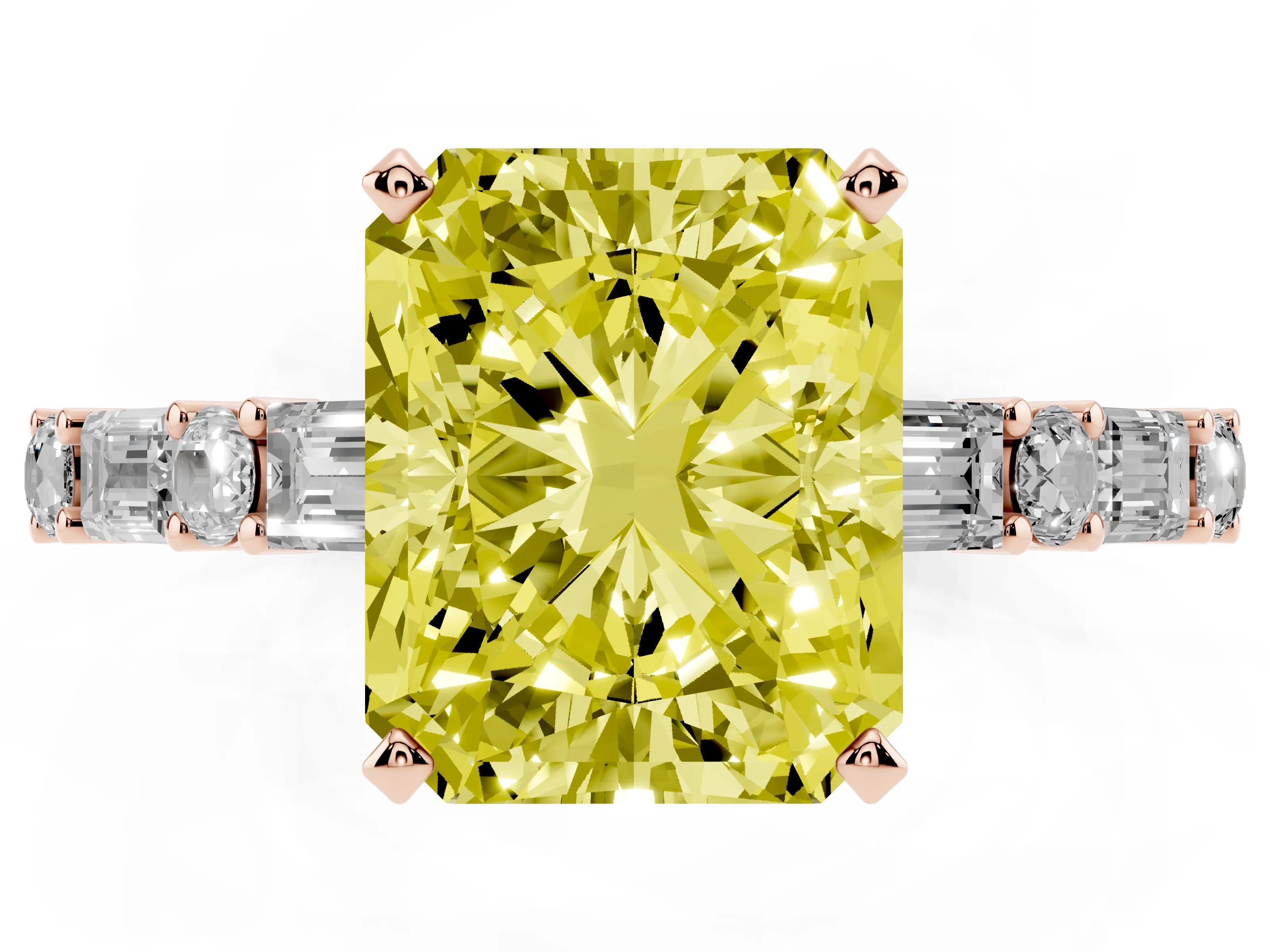 Fancy Yellow Radiant Cut Diamond Solitaire Set in Rose gold with Side Baguettes and Channel Set Band