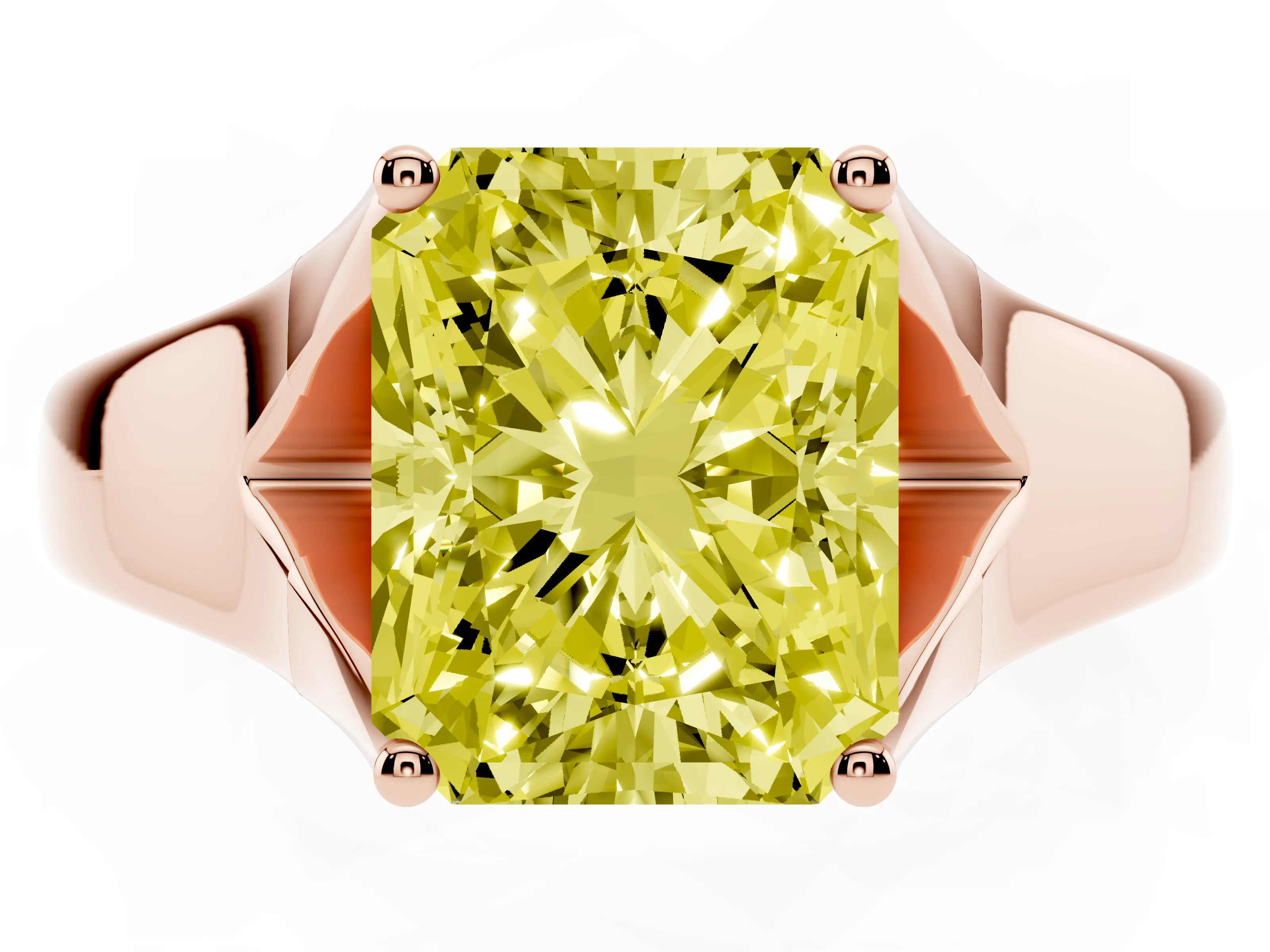 Fancy Yellow Radiant Cut Diamond Solitaire Ring Set in Rose gold with Arched Cathedral Band and Prong Setting