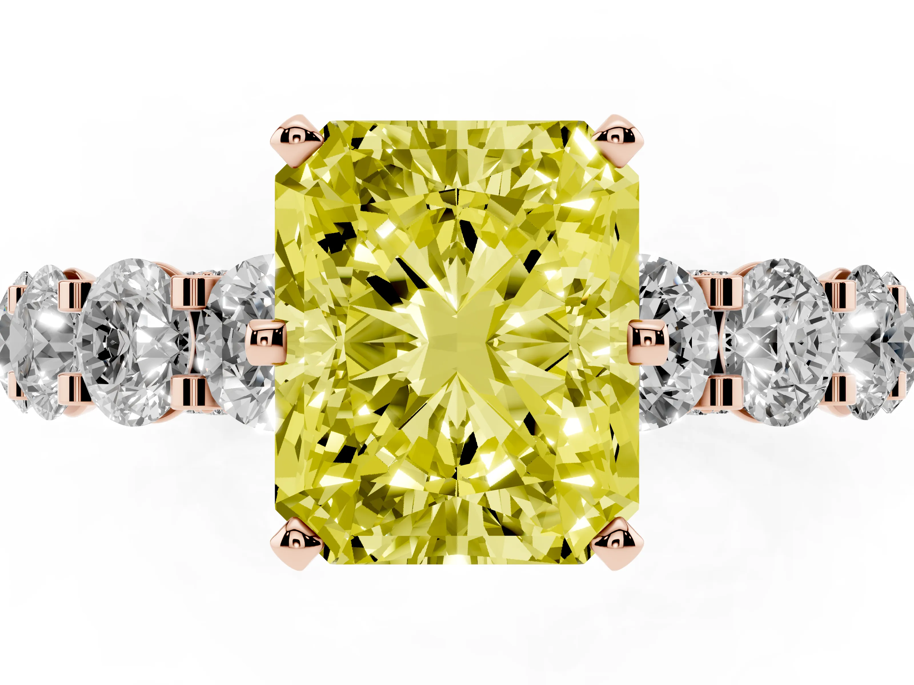 Fancy Yellow Radiant Cut Diamond Side Stone Ring Set in Rose gold with Alternating Round and Oval Side Stones