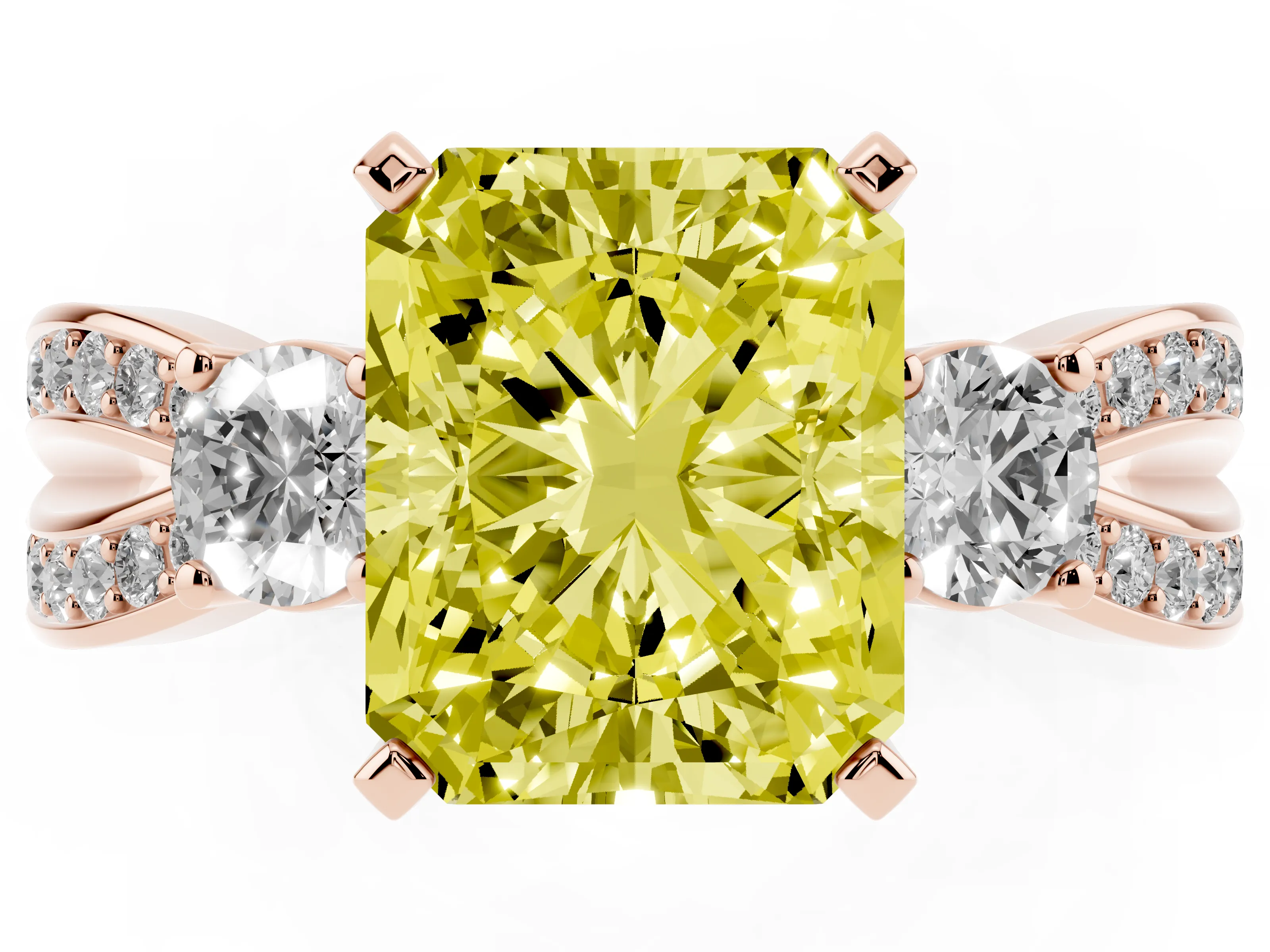 Fancy Yellow Three-Stone Radiant Cut Diamond Twist Band Ring Set in Rose gold with Pavé Accents and Prong Setting