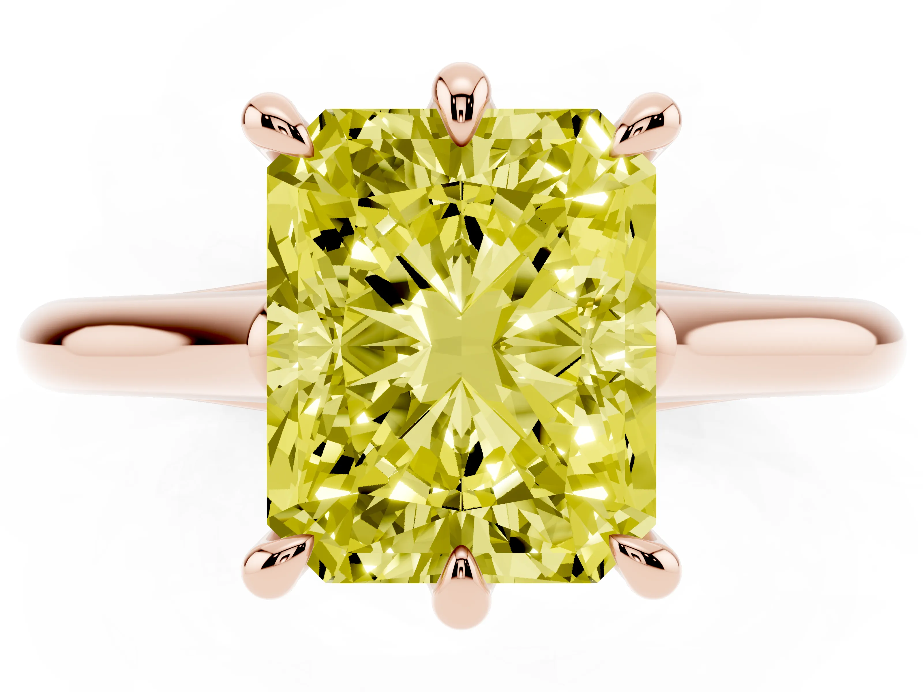 Fancy Yellow Radiant Cut Diamond Solitaire Engagement Ring Set in Rose gold with Prong Setting and Plain Classic Band