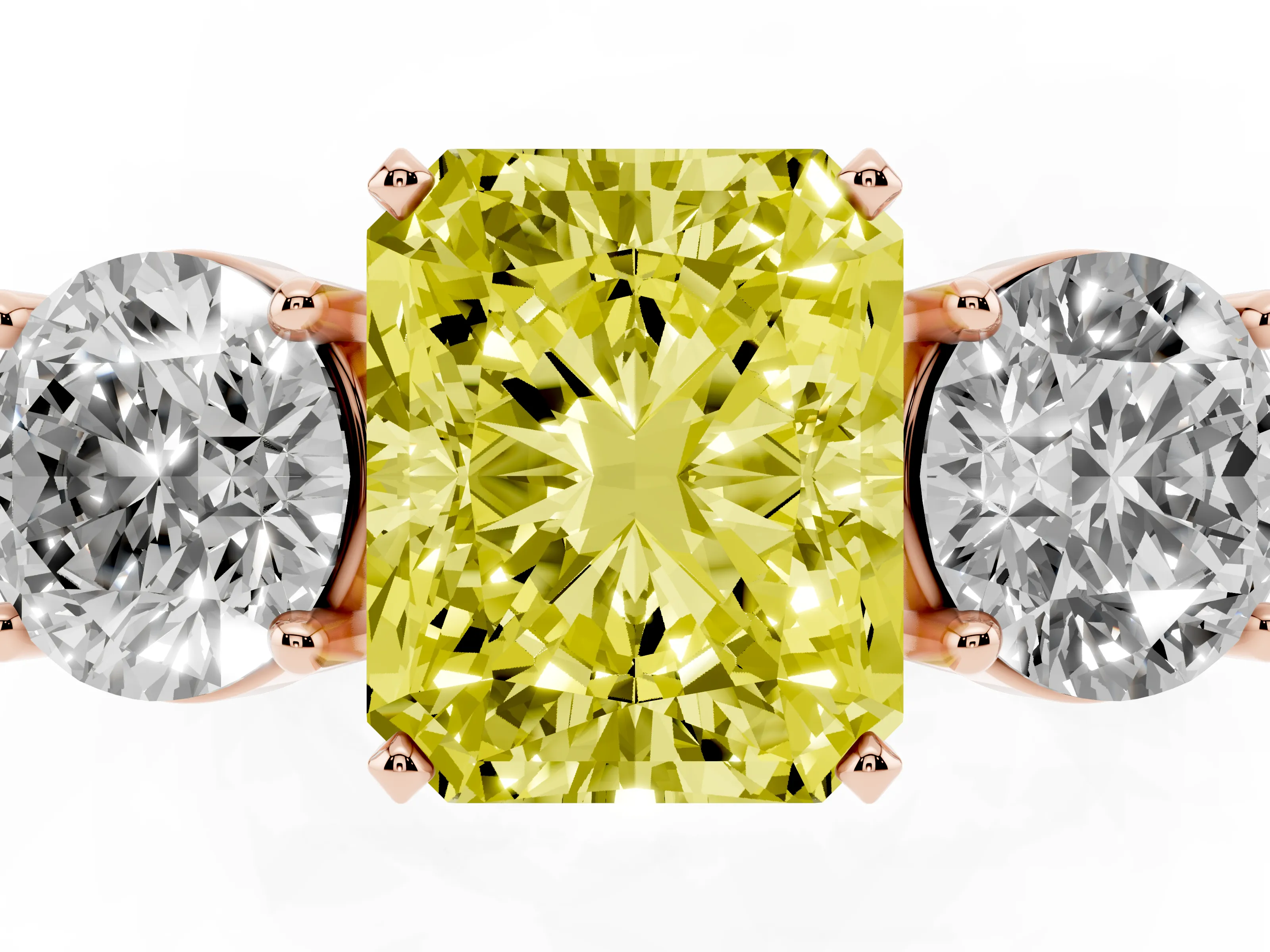 Fancy Yellow Radiant Cut Diamond Three-Stone Ring Set in Rose gold with Round Side Stones and Classic Band