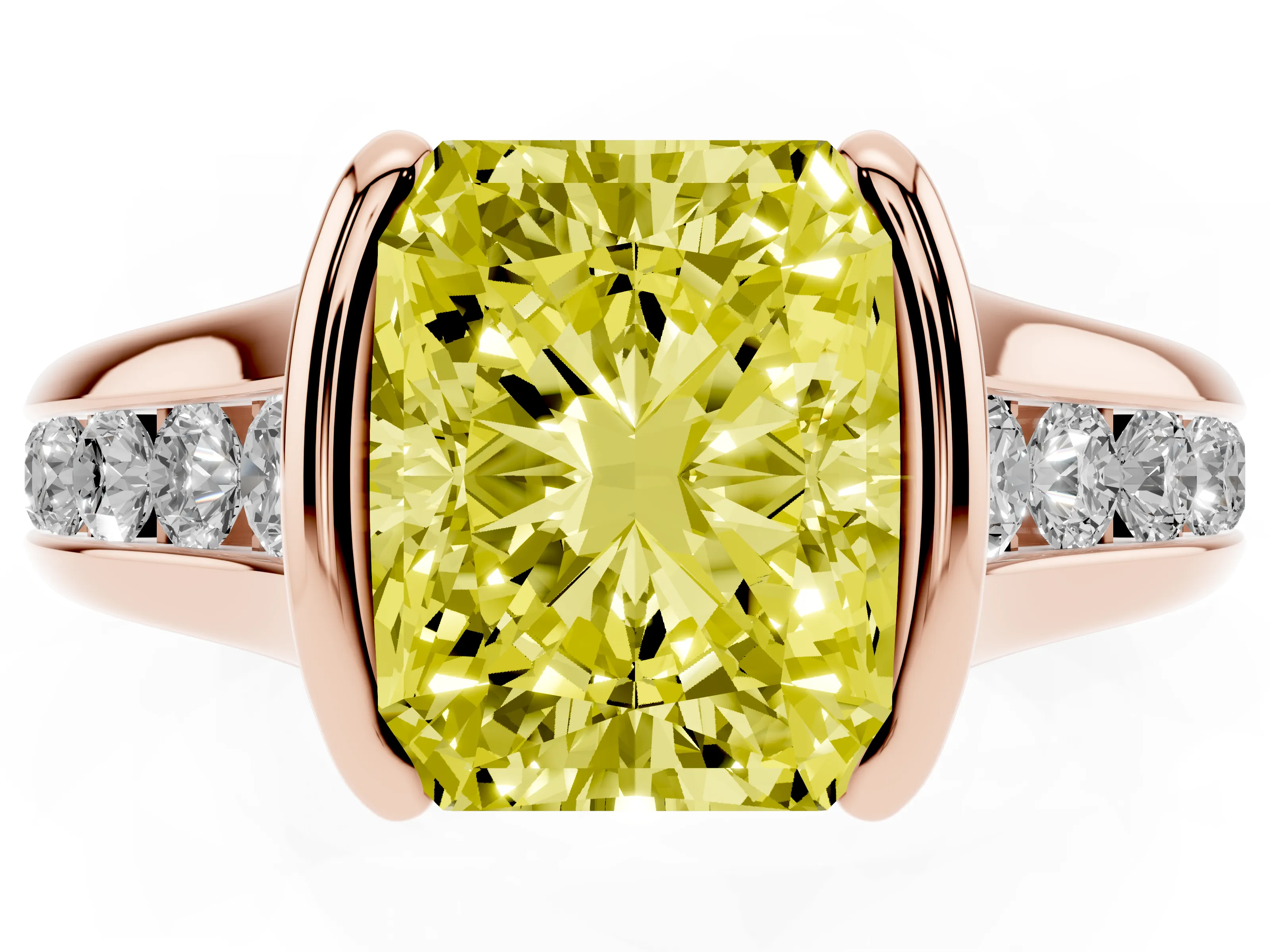 Fancy Yellow Radiant Cut Diamond Bezel-Set Solitaire Ring Set in Rose gold with Channel-Set Band