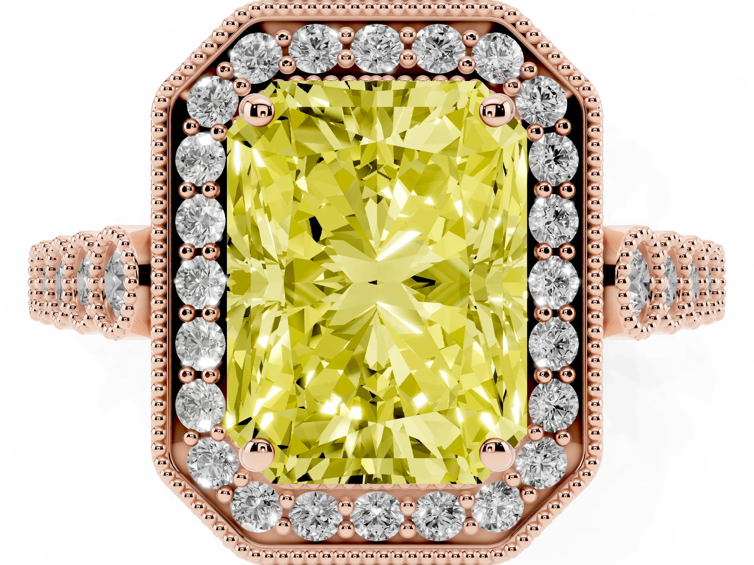 Fancy Yellow Radiant Cut Diamond Milgrain Halo Solitaire Ring Set in Rose gold with Bezel Set Side Stones and Pavé Band