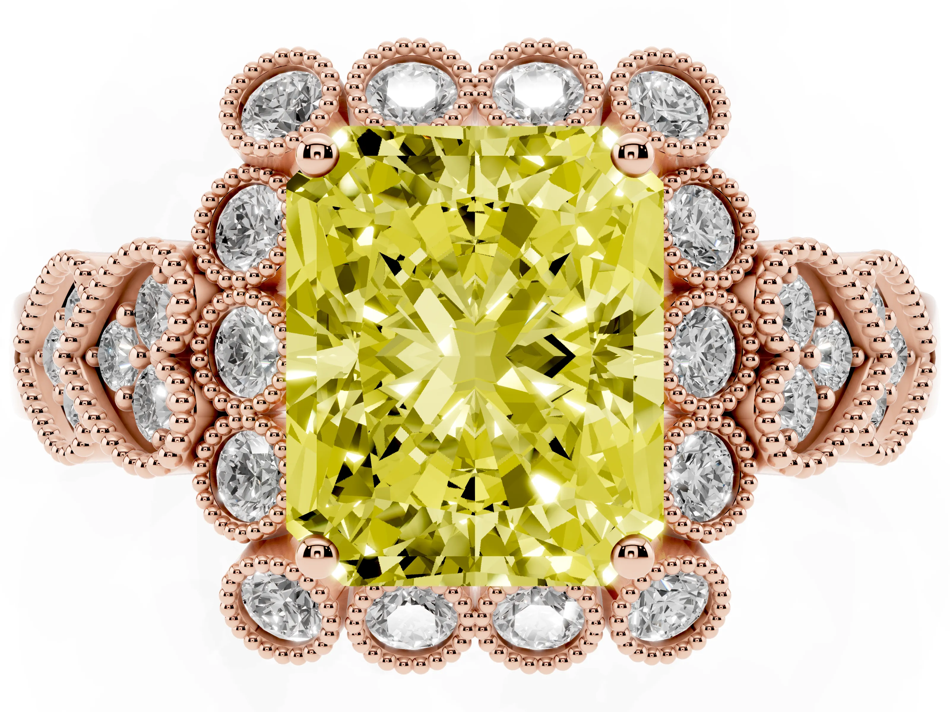 Fancy Yellow Radiant Cut Diamond Solitaire Ring Set in Rose gold with Milgrain Pavé Heart Band