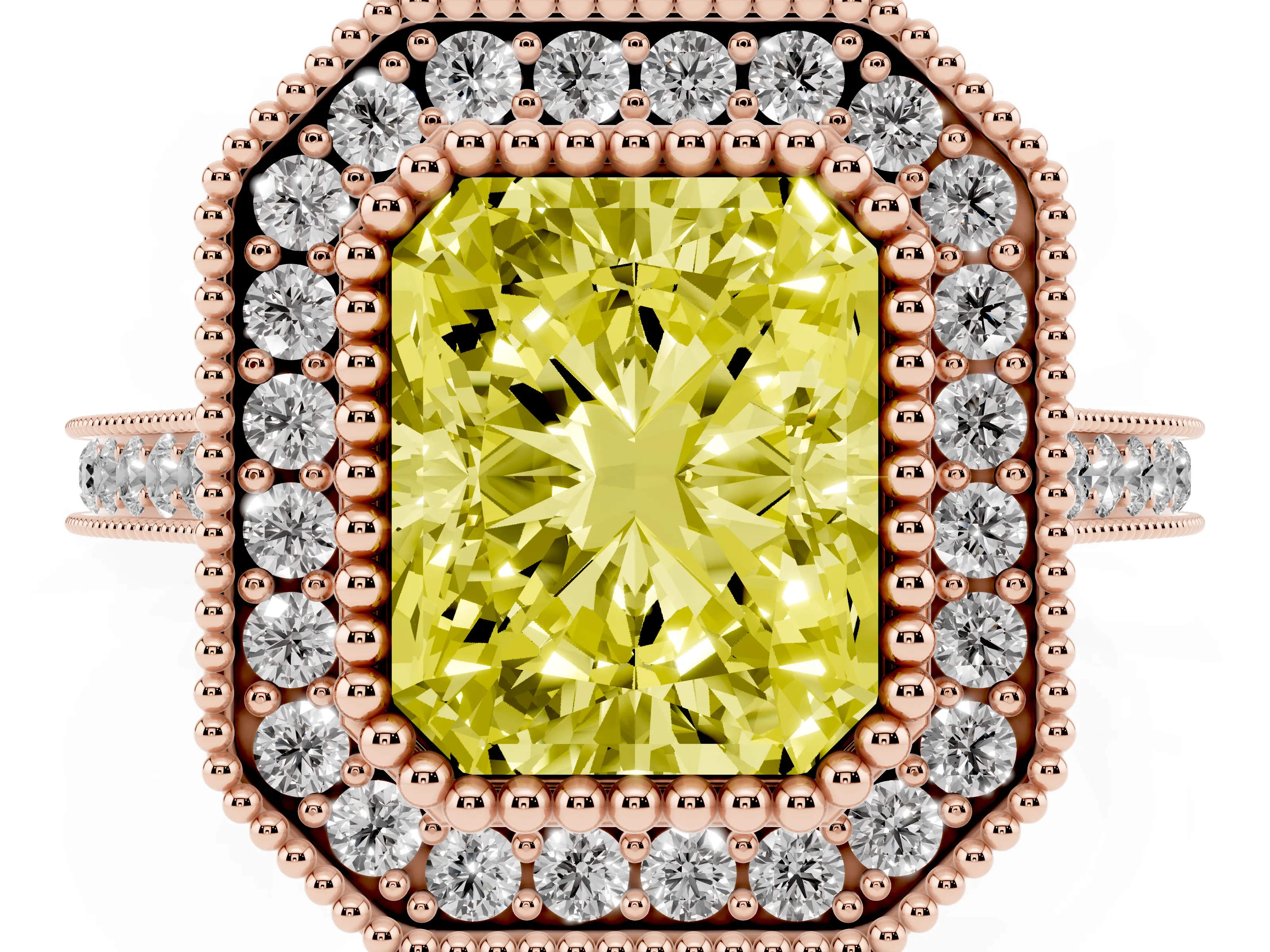 Fancy Yellow Radiant Cut Diamond Halo Ring Set in Rose gold with Milgrain Frame and Pavé Band
