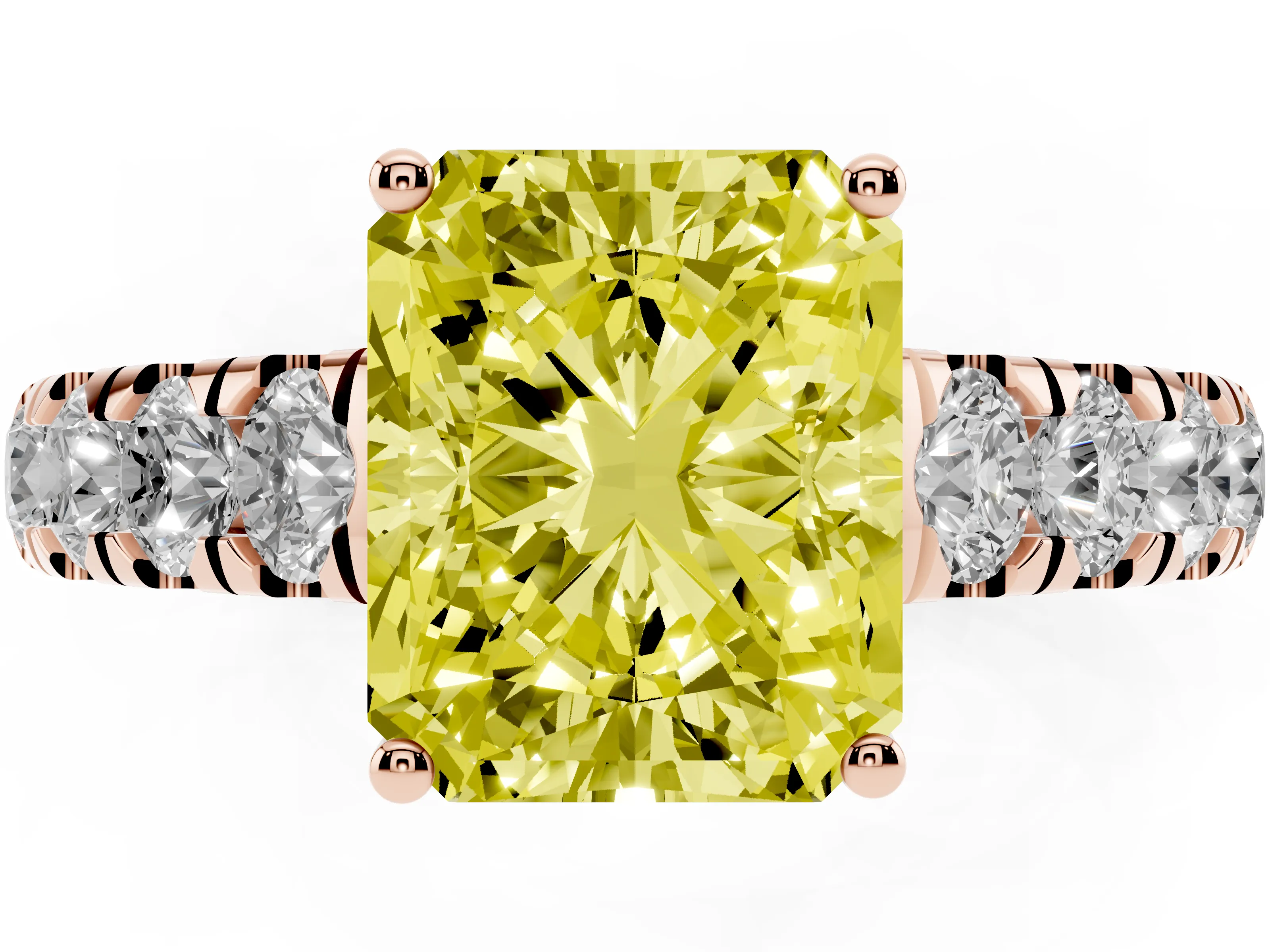 Fancy Yellow Radiant Cut Diamond Solitaire Ring Set in Rose gold with Cut-Down Micro Pavé Band and Prong Setting