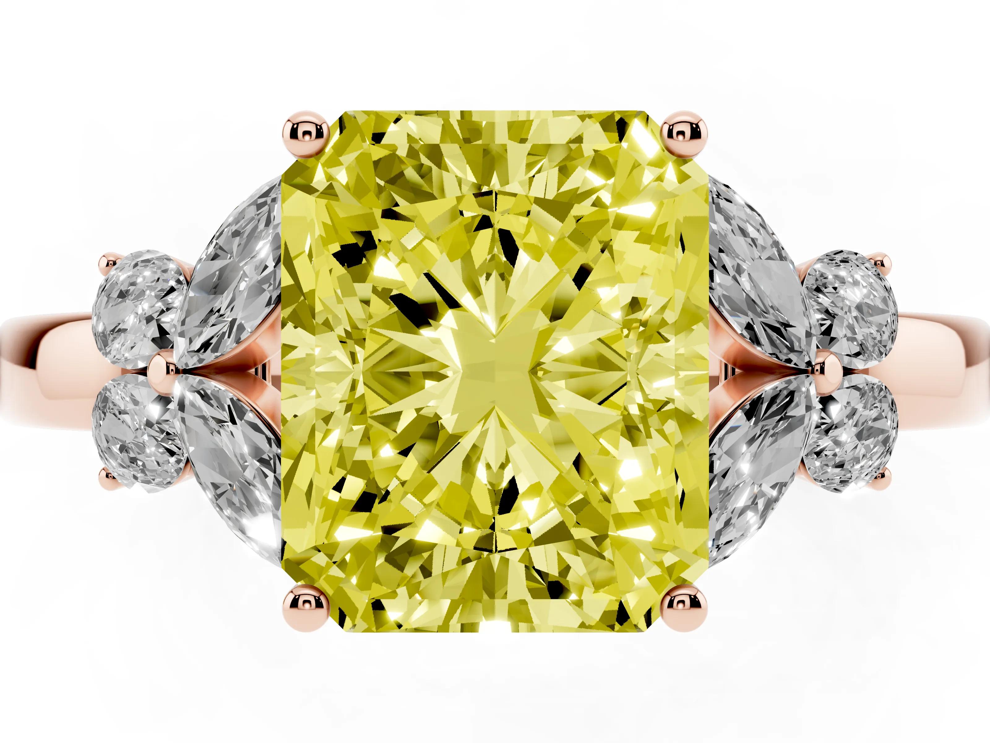 Fancy Yellow Radiant Cut Diamond Solitaire Floral Ring Set in Rose gold with Marquise Petals and Prong Setting