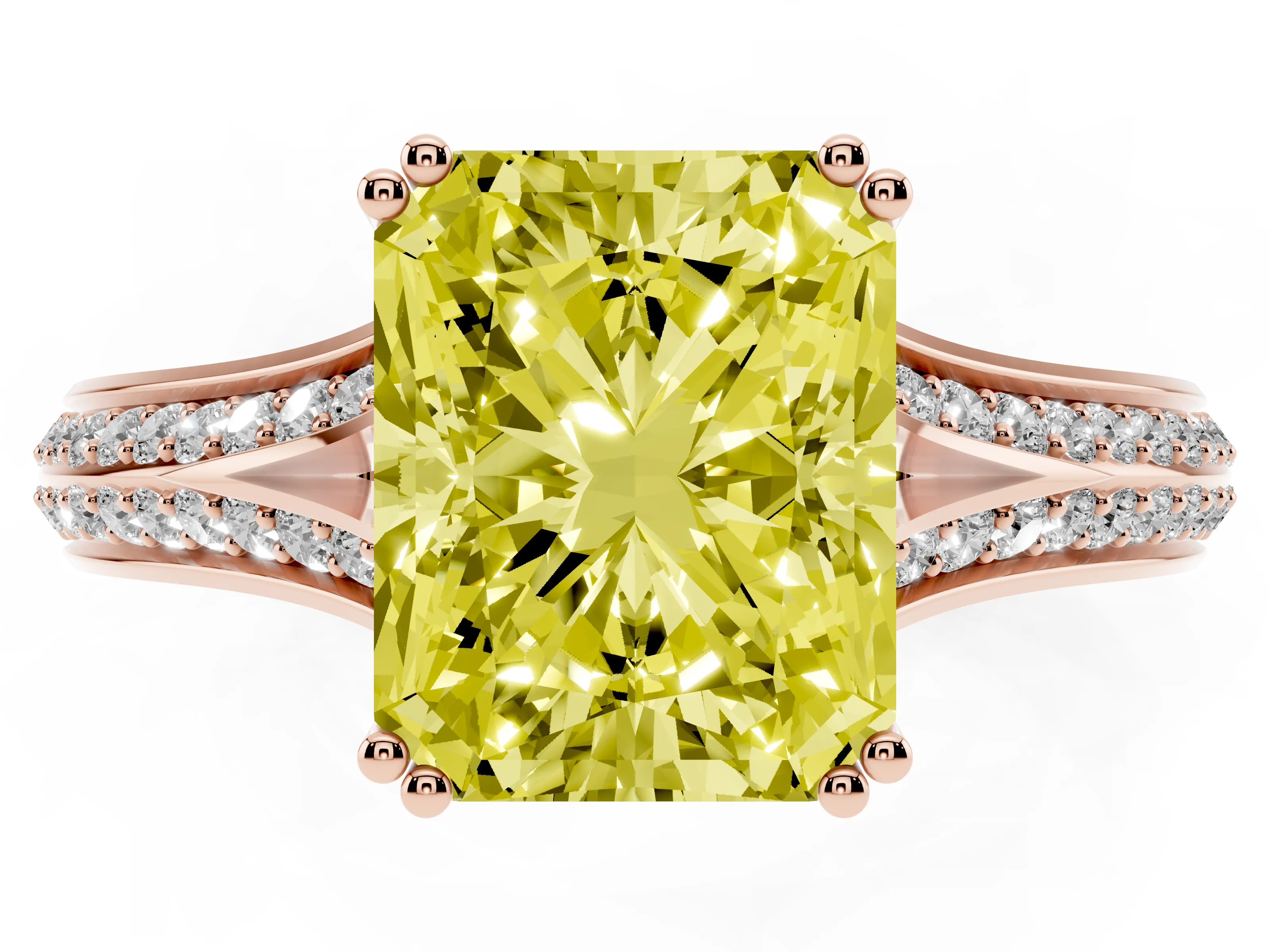 Fancy Yellow Radiant Cut Diamond Split Shank Pavé Engagement Ring Set in Rose gold with Prong-Set Center Stone
