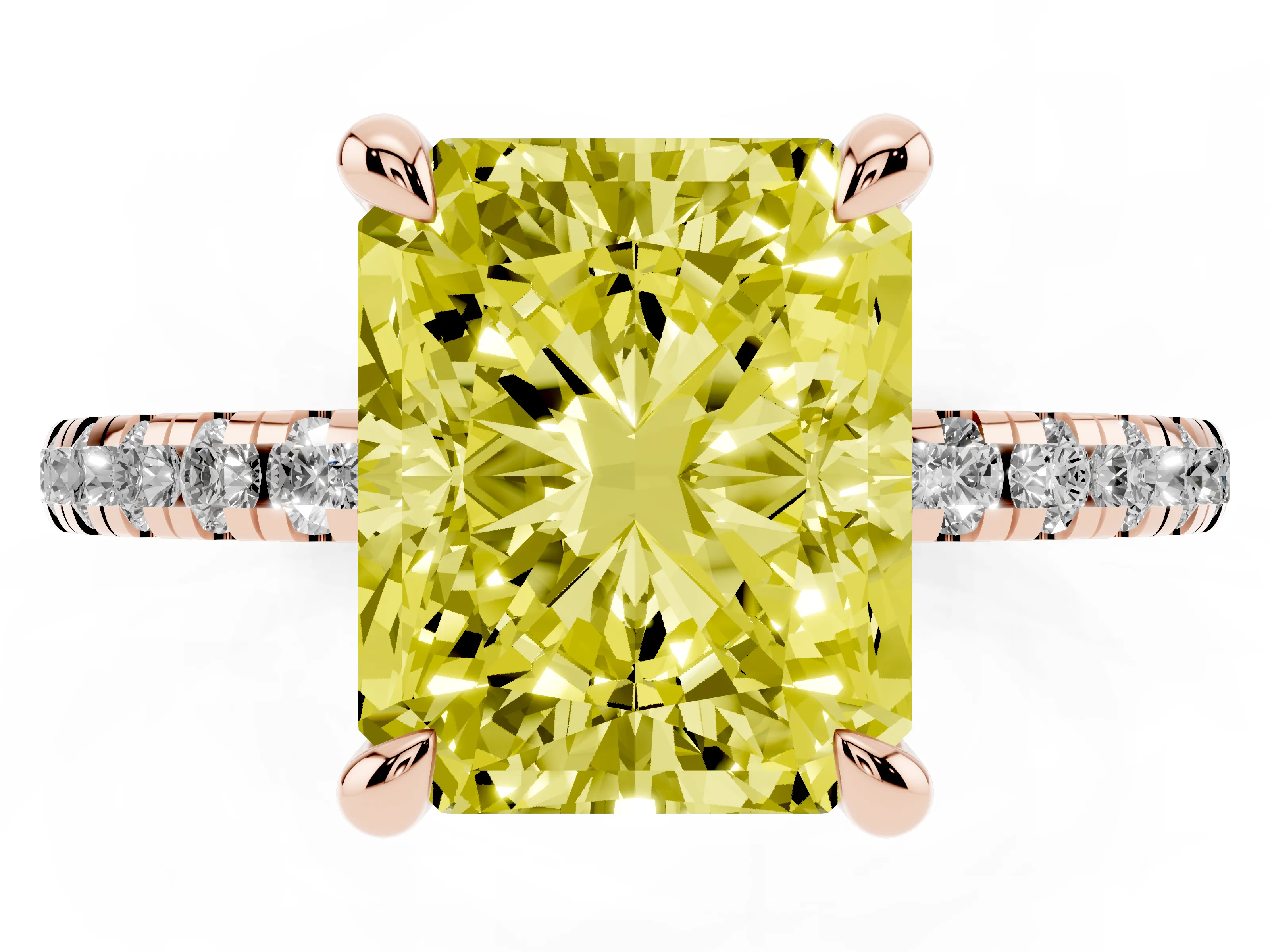 Fancy Yellow Radiant Cut Diamond Brilliant Solitaire Ring Set in Rose gold with Pavé Band and Prong Setting