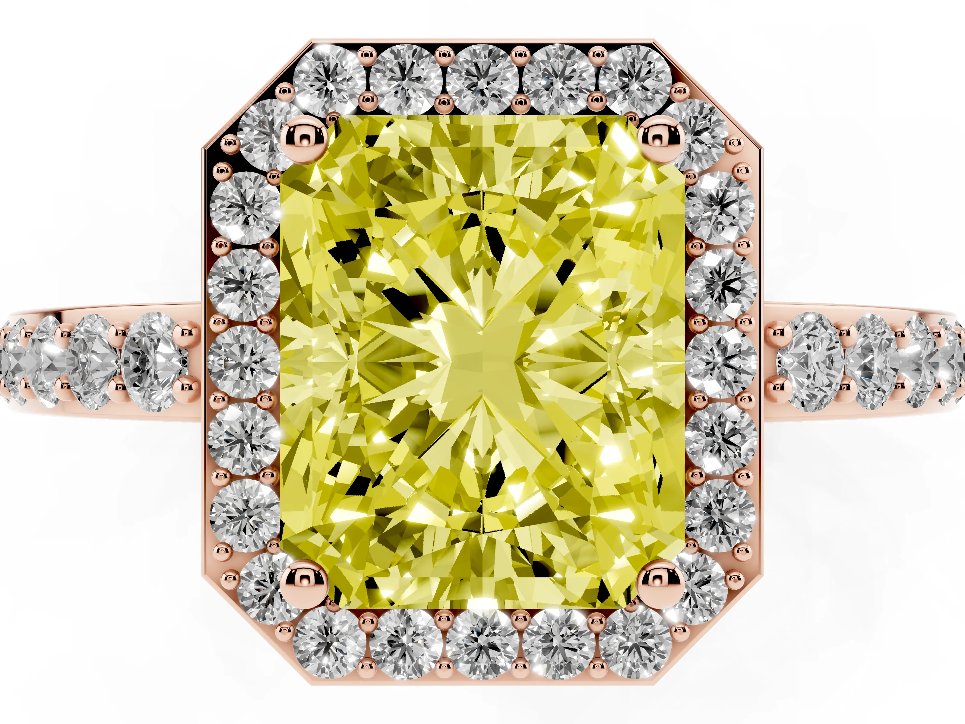 Fancy Yellow Radiant Cut Diamond Halo Ring Set in Rose gold with Pavé-Setting Band and Open Prong Center