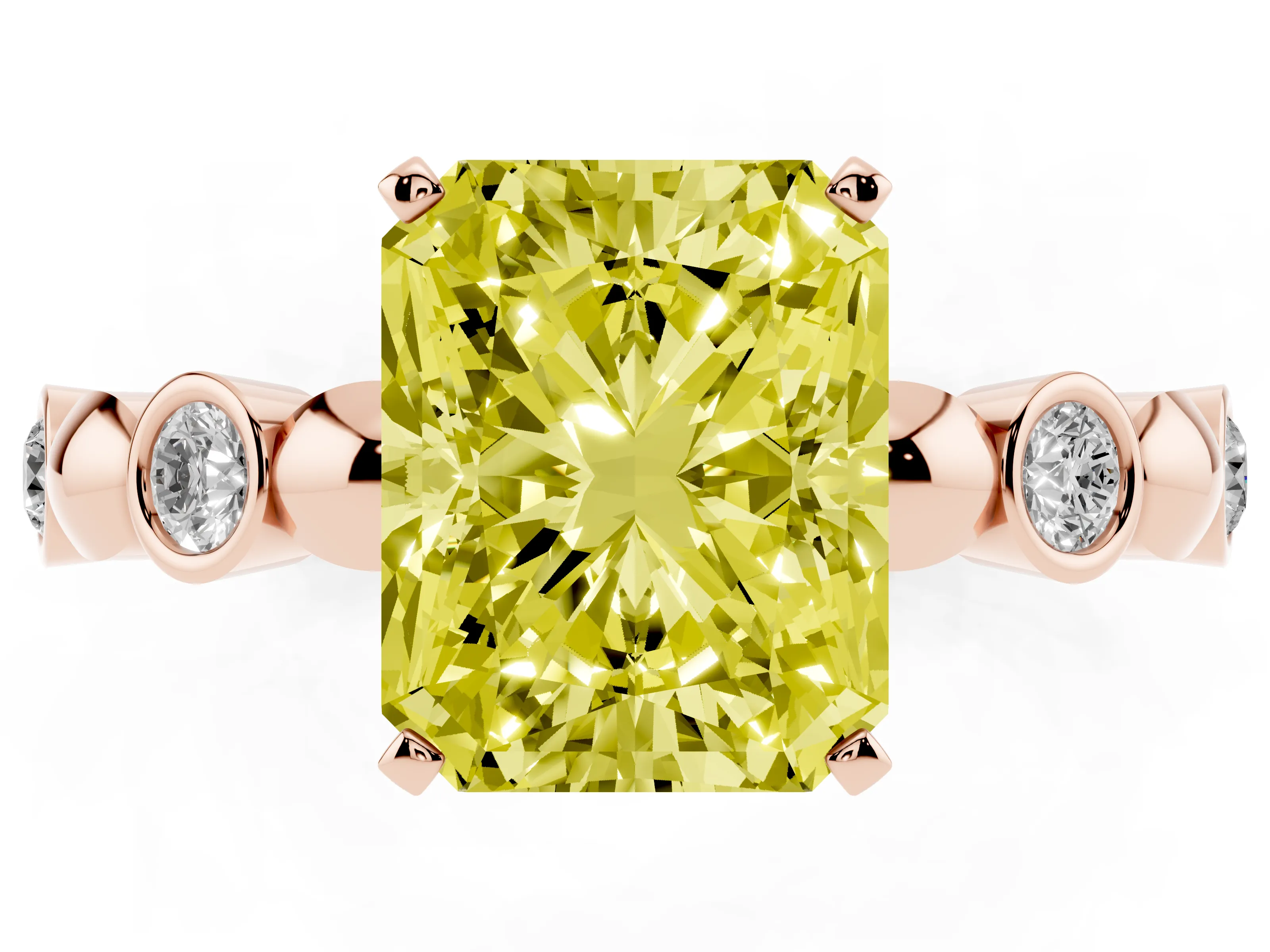 Fancy Yellow Radiant Cut Diamond Solitaire Ring Set in Rose gold with Bezel-Set Accents on Beaded Band and Prong Setting