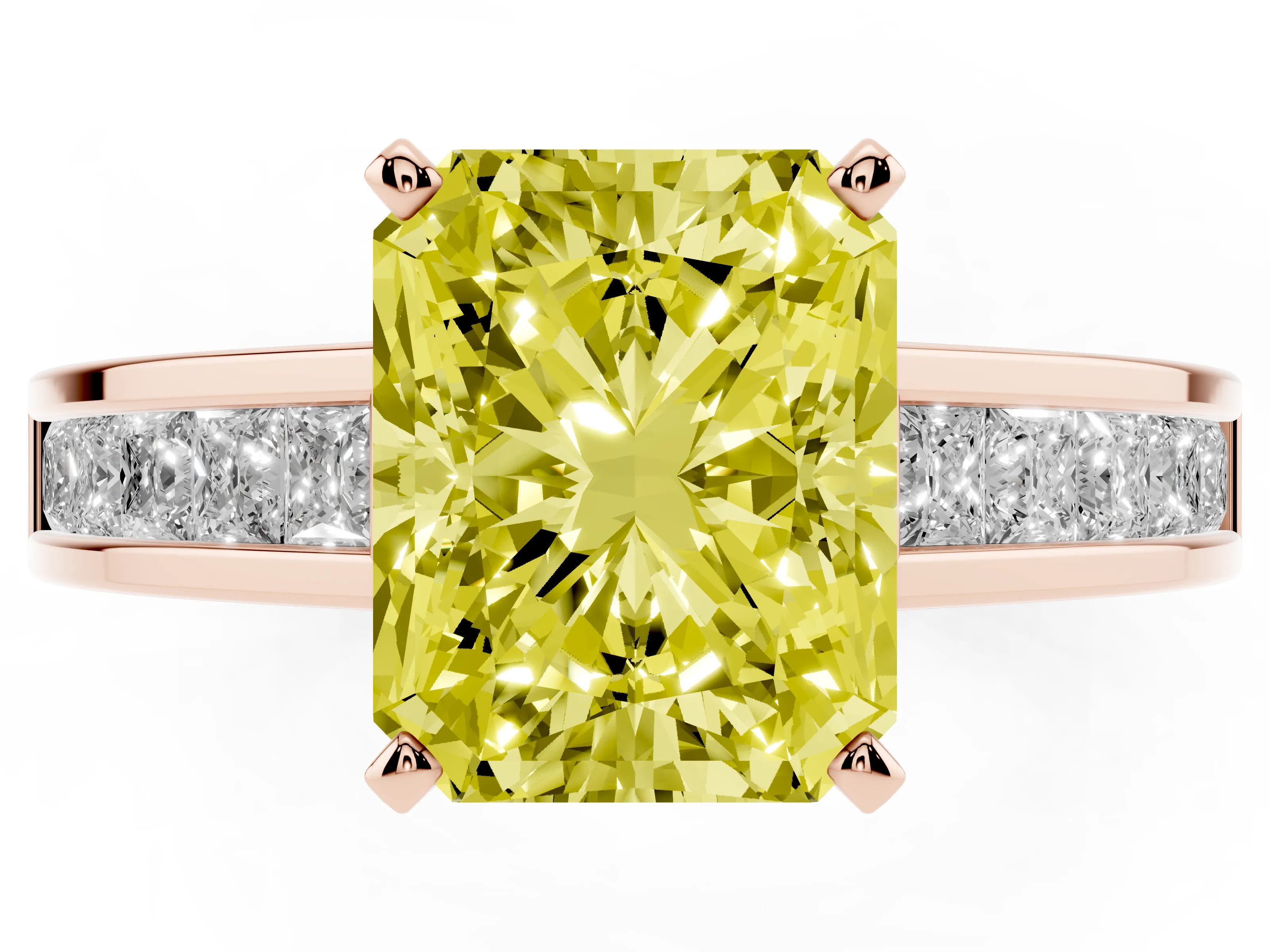 Fancy Yellow Radiant Cut Diamond Solitaire Ring Set in Rose gold with Channel-Set Band and Prong Setting