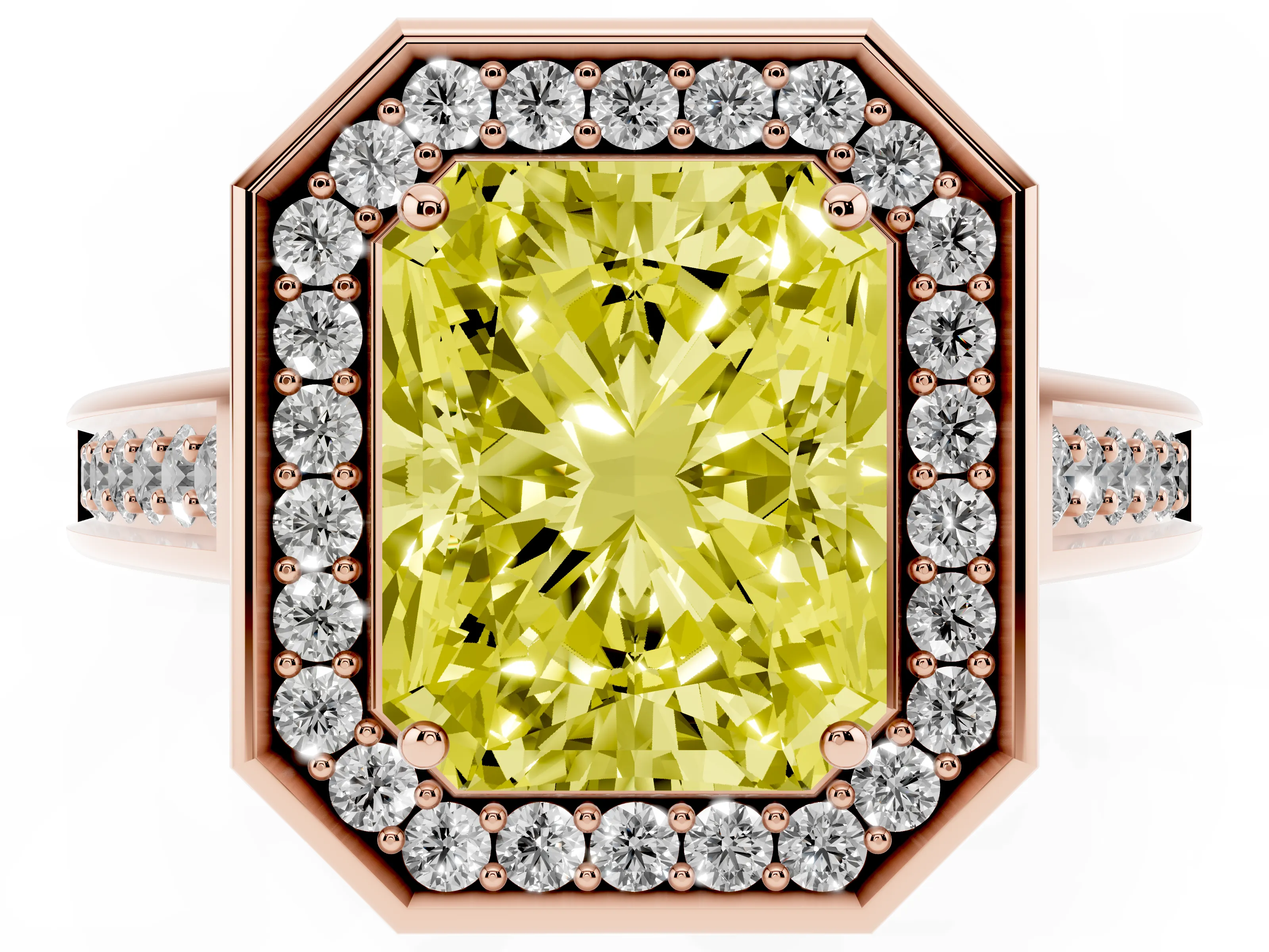 Fancy Yellow Radiant Cut Diamond Halo Solitaire Ring Set in Rose gold with Pavé Band and Bezel Setting