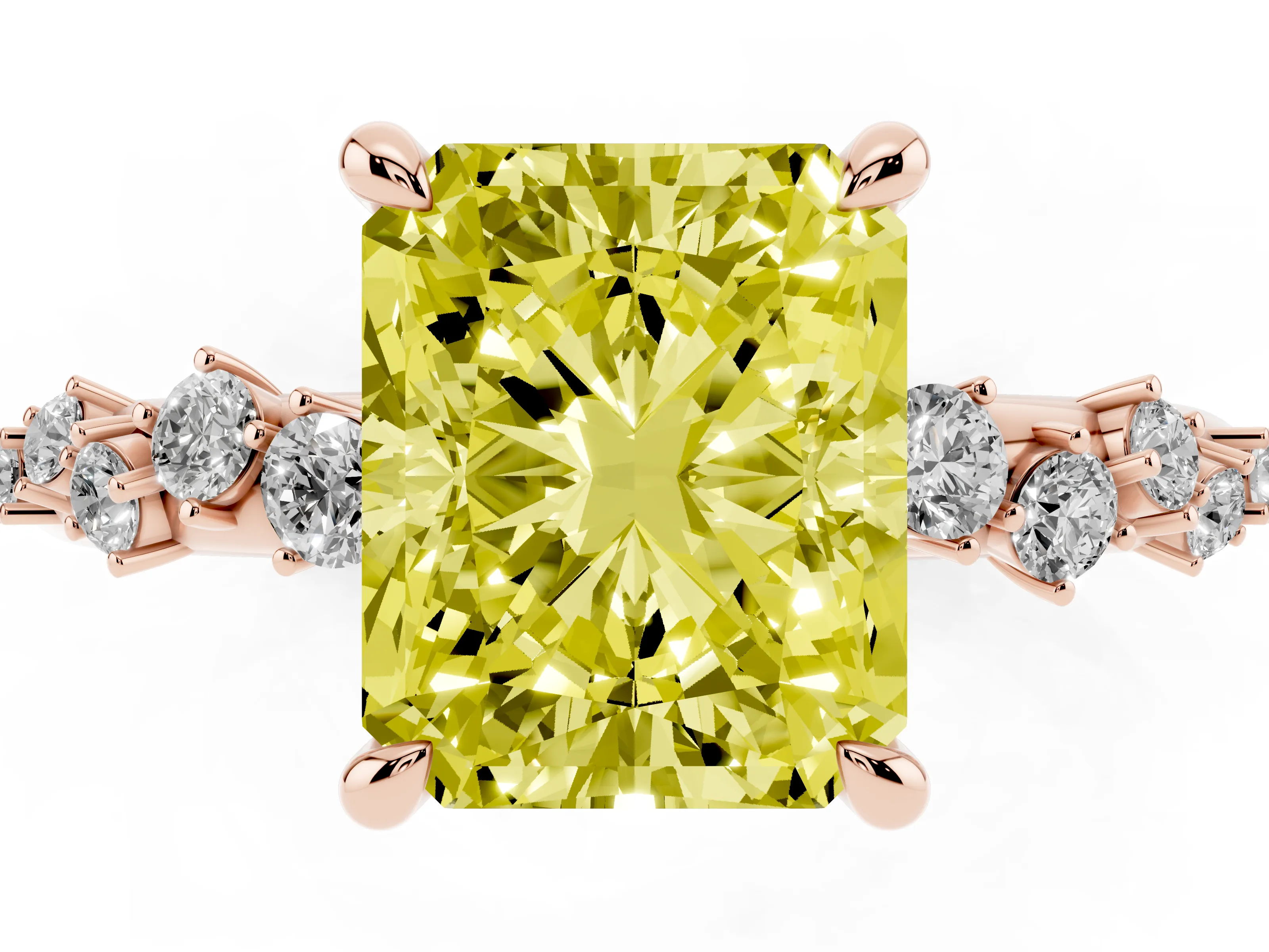 Fancy Yellow Radiant Cut Diamond Solitaire Vine Band Ring Set in Rose gold with Round Accents and Prong Setting