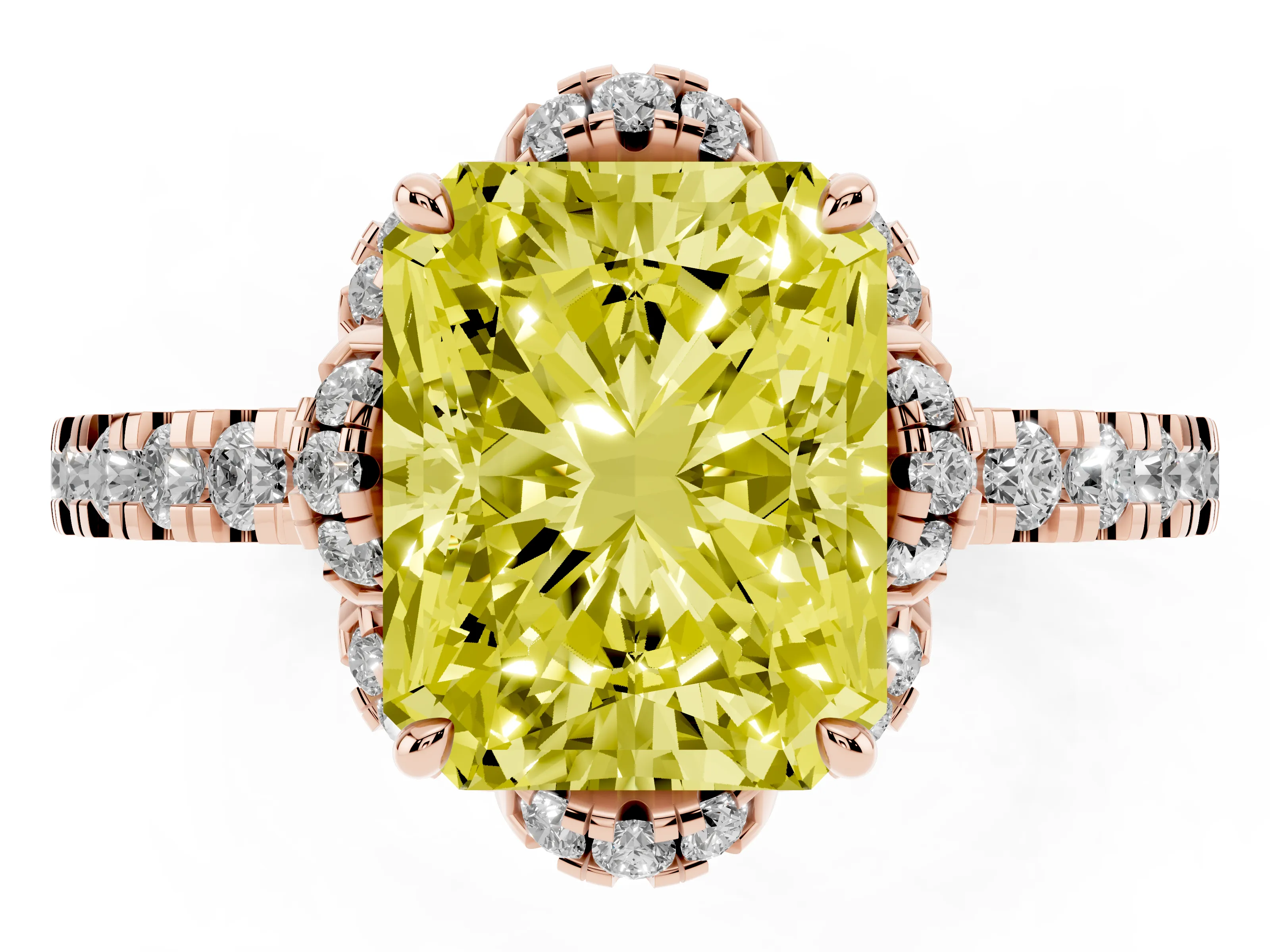 Fancy Yellow Radiant Cut Diamond Halo Pavé Band Ring Set in Rose gold with Prong-Held Center