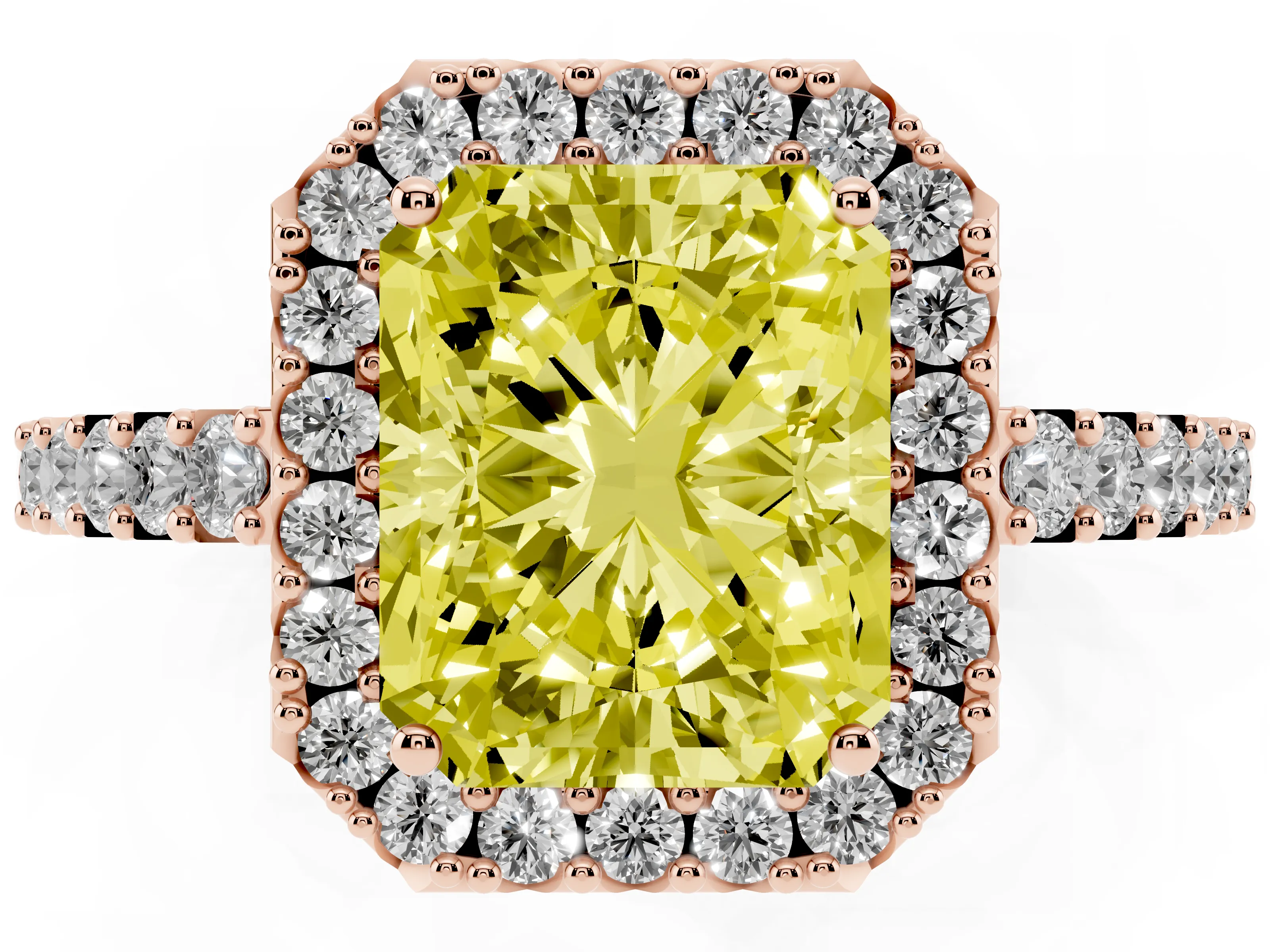 Fancy Yellow Radiant Cut Diamond Halo Pavé Solitaire Ring Set in Rose gold with Prong-Set Center Stone