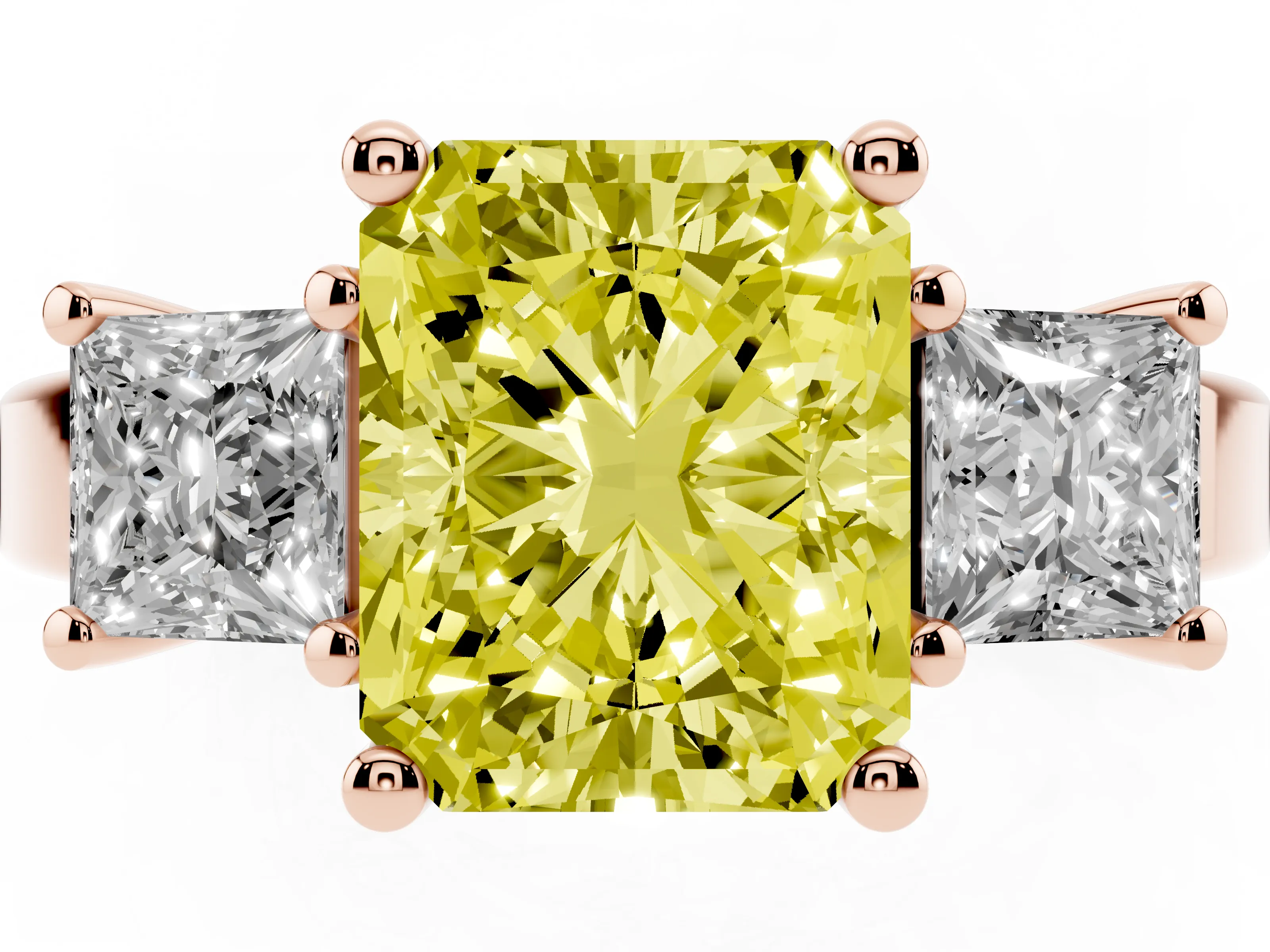 Fancy Yellow Three-Stone Radiant Cut Diamond Solitaire Ring Set in Rose gold with Prong Setting