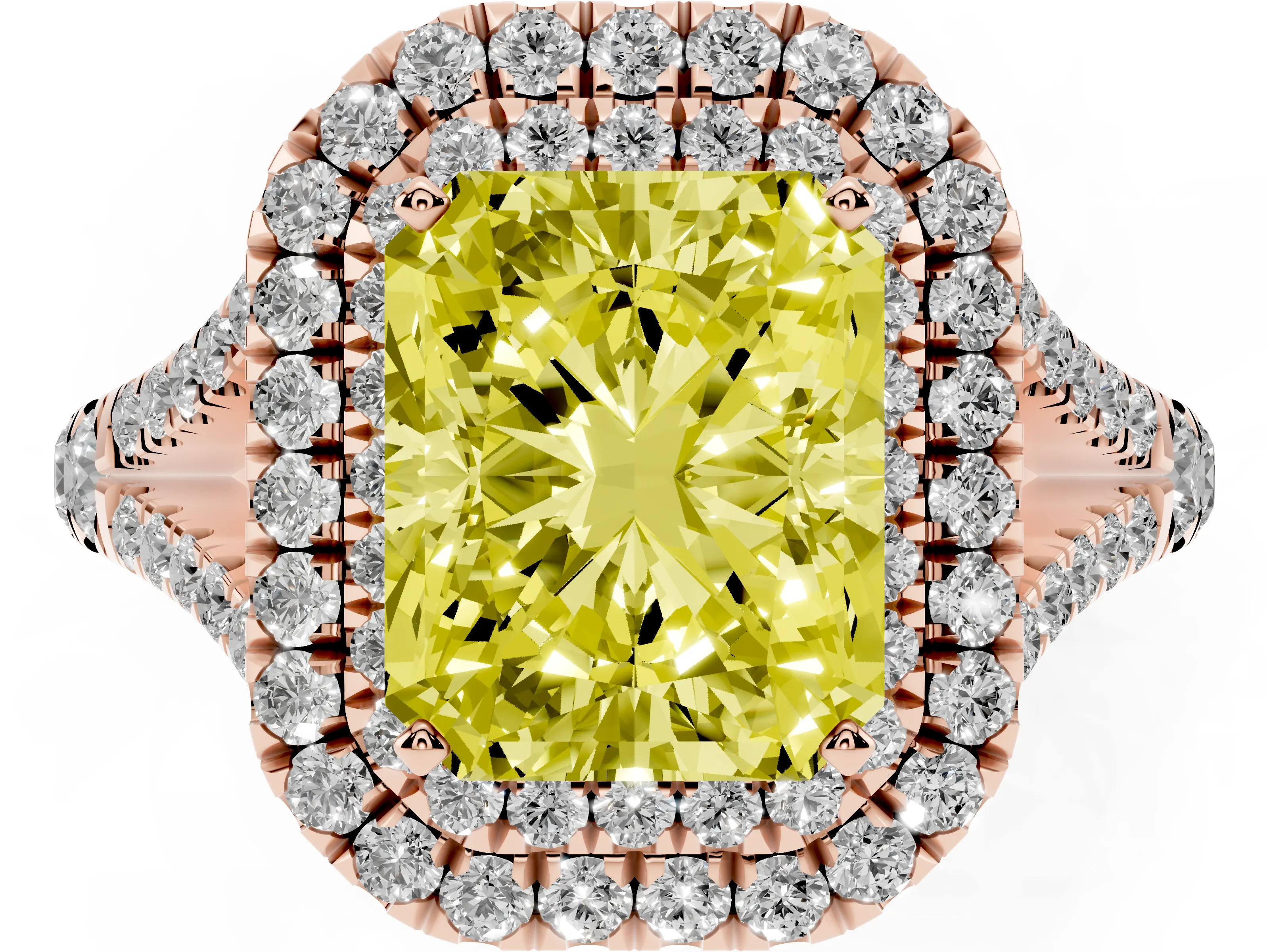 Fancy Yellow Radiant Cut Diamond Pavé Split Shank Double Halo Engagement Ring Set in Rose gold
