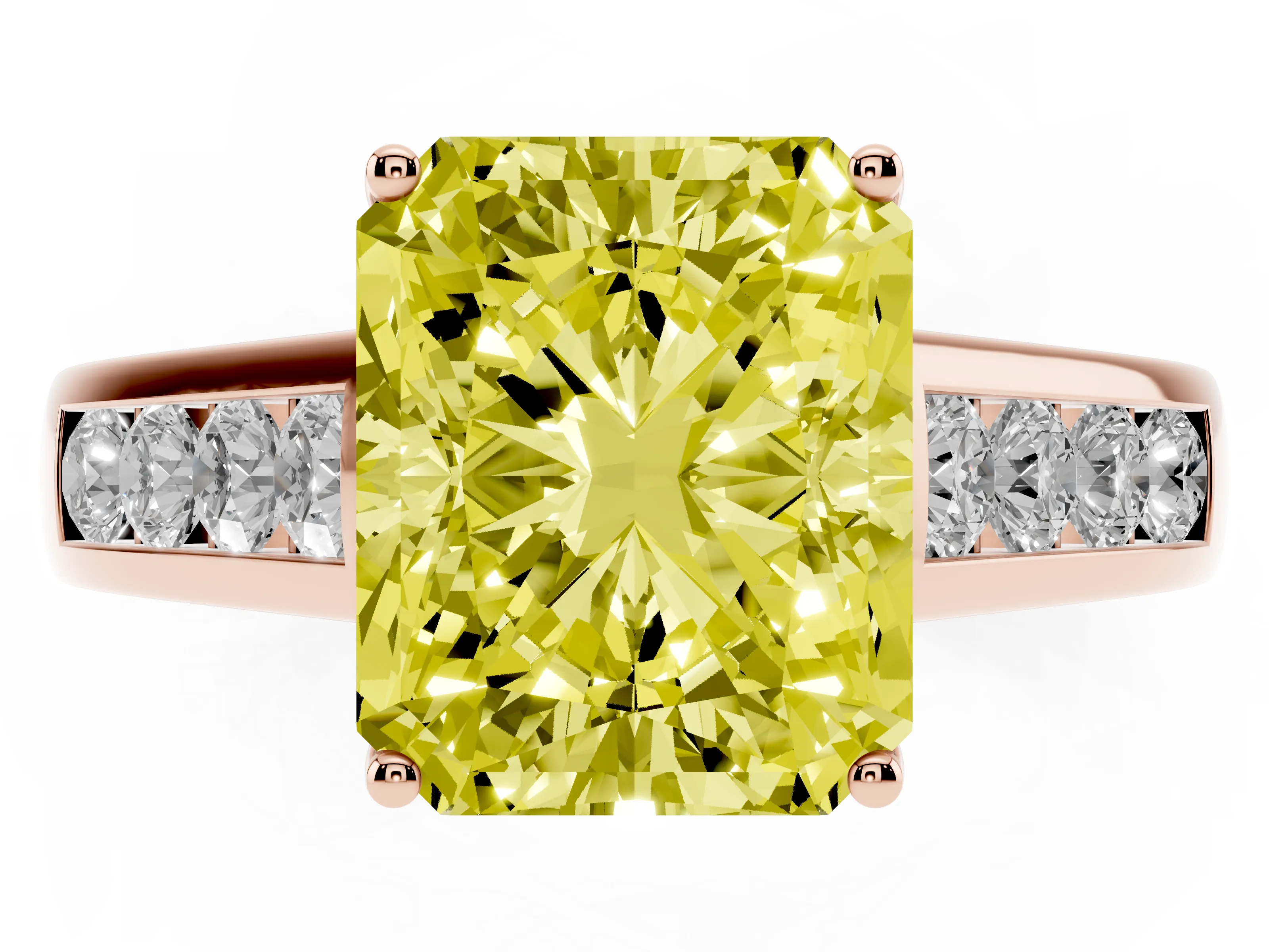 Fancy Yellow Radiant Cut Diamond Brilliant Channel-Set Solitaire Ring Set in Rose gold with Prong Setting