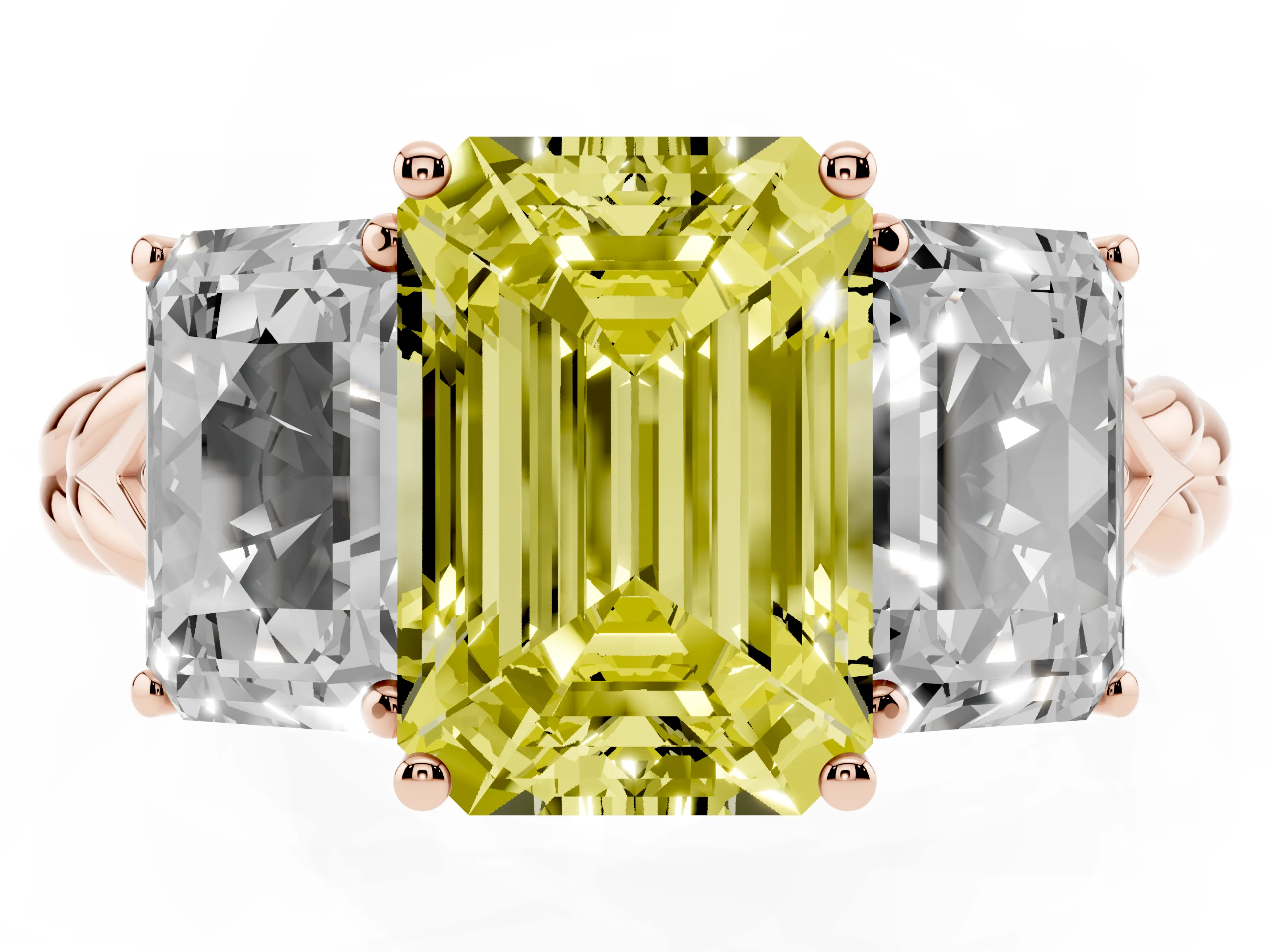 Fancy Yellow Radiant Cut Diamond Three-Stone Ring Set in Rose gold with Braided Band
