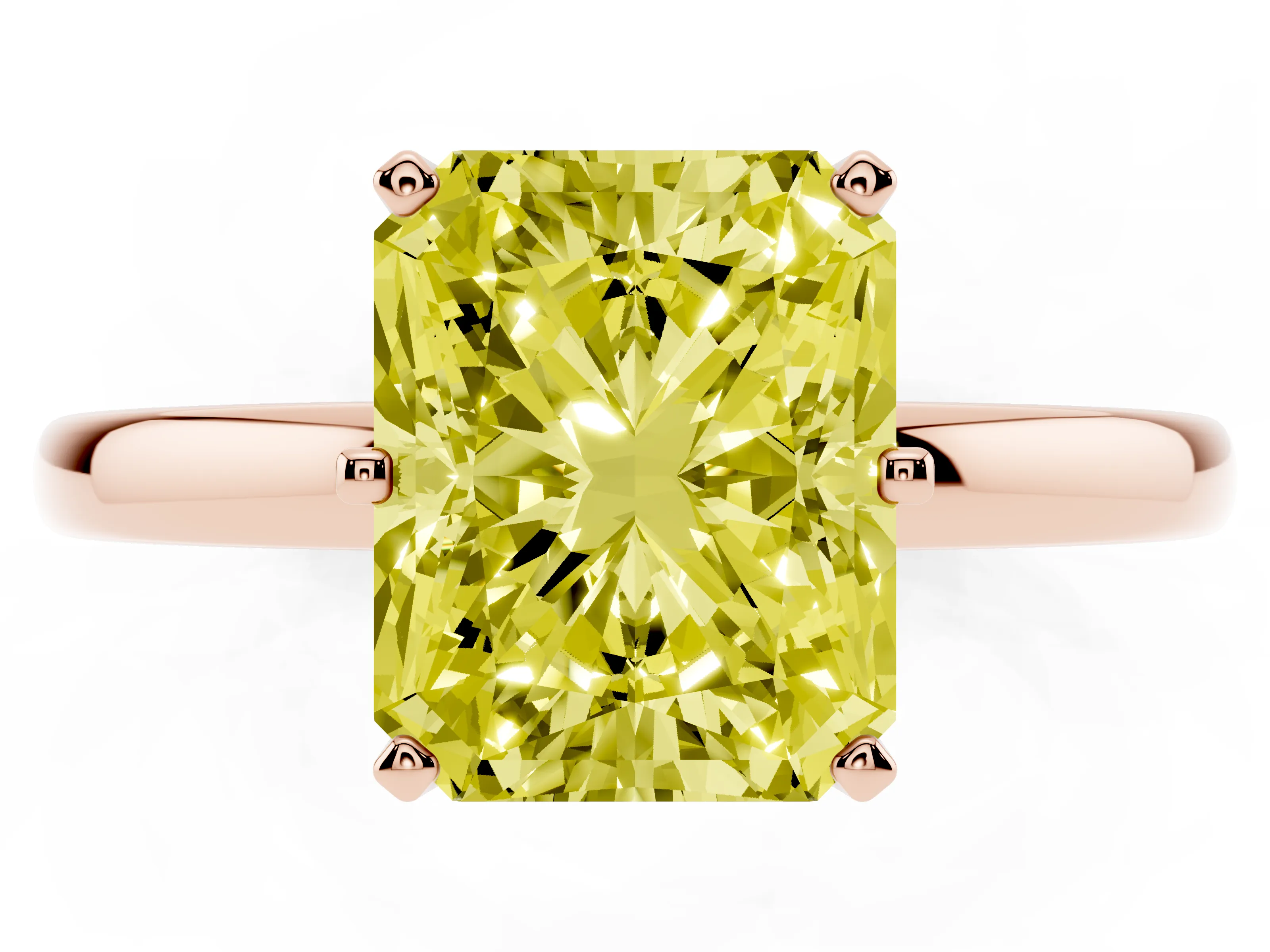 Fancy Yellow Radiant Cut Diamond Solitaire Ring Set in Rose gold with Raised Prong Setting on a Classic Band