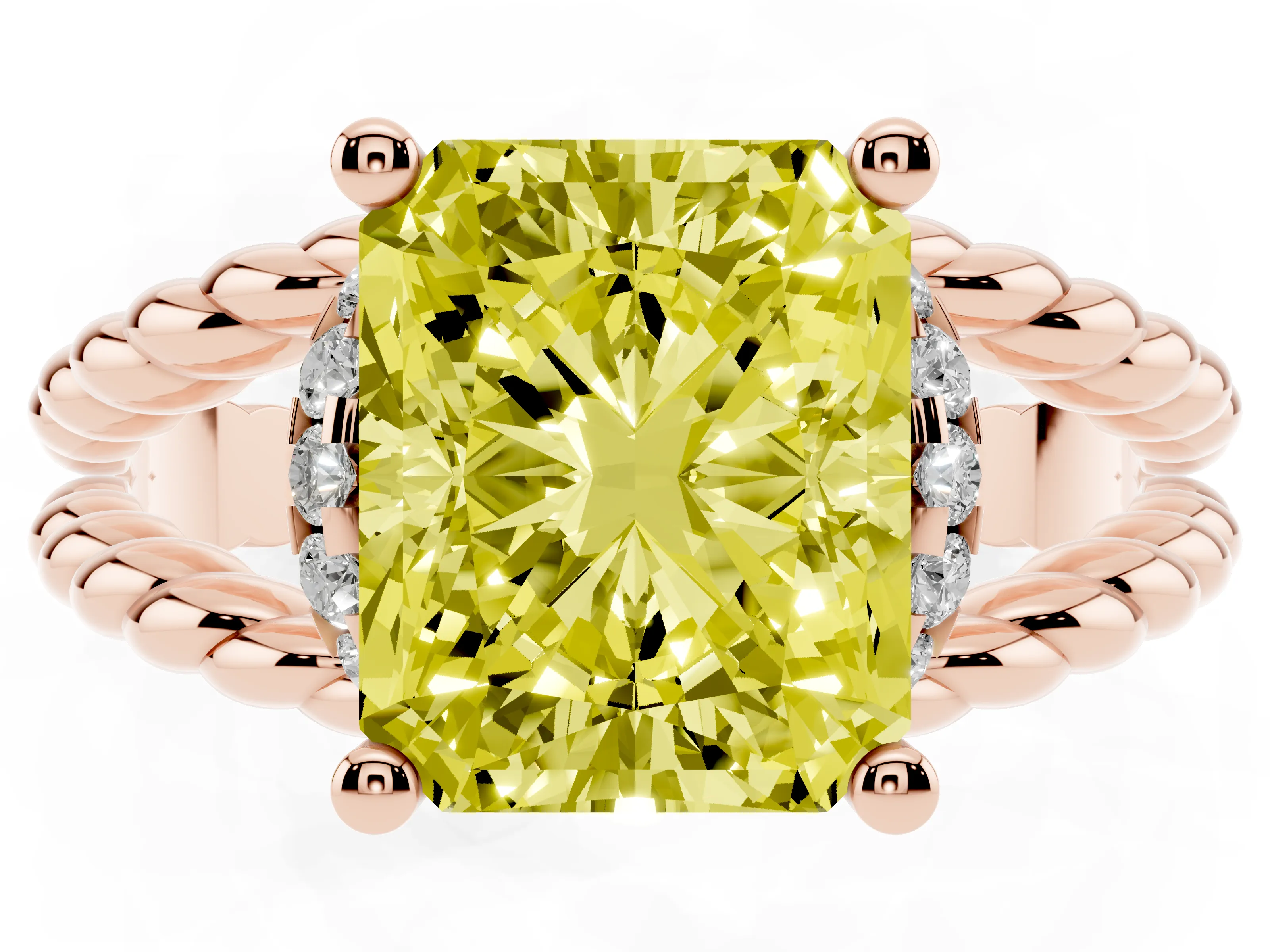 Fancy Yellow Radiant Cut Diamond Halo Ring Set in Rose gold with Twisted Band and Prong Setting