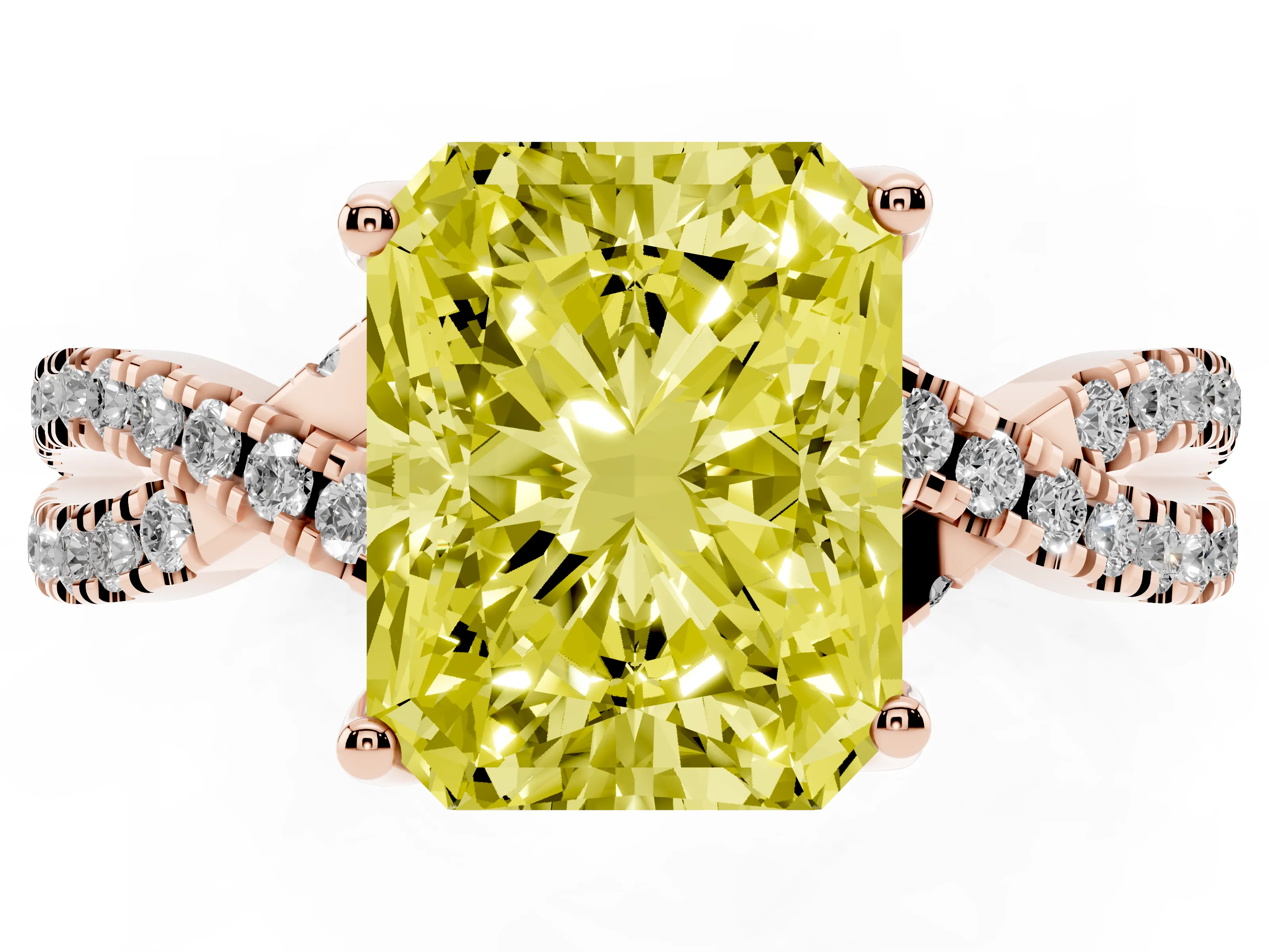 Fancy Yellow Radiant Cut Diamond Twist Pavé Solitaire Engagement Ring Set in Rose gold with Prong Setting